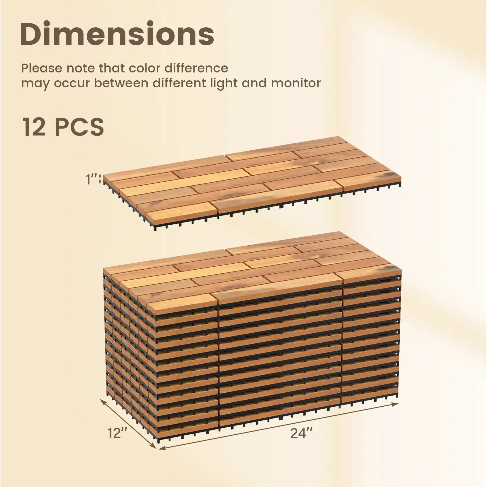 Dimensions  
Please note that color difference may occur between different light and monitor  
12 PCS  
1" x 12" x 24"