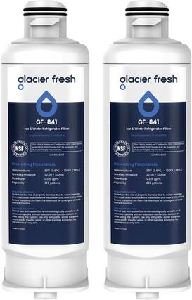 **Glacier Fresh**
**GF-841**
Ice & Water Refrigerator Filter
Replace every 6 months
**NSF Certified**
This Filter is Tested and Certified by NSF International against NSF/ANSI Standard 42 for materials and structural integrity requirements.
**CERTIFIED COMPONENT**
**Operating Parameters**
Temperature: 33°F (0.6°C) – 100°F (38°C)
Working Pressure: 30 psi – 100 psi
Flow Rate: 0.528 gpm
Capacity: 200 gallons
**Requires Attention**
To reduce the risk of property damage due to water leakage, you must read and follow installation and user instructions before installing the filter. The filter must be changed every 6 months.
**Requires Attention**
Do not use with water that is microbiologically unsafe or of unknown quality without adequate disinfection before or after using the system. Use only with public water supplies, municipally treated water, or other supplies known to be microbiologically safe.
Made in China