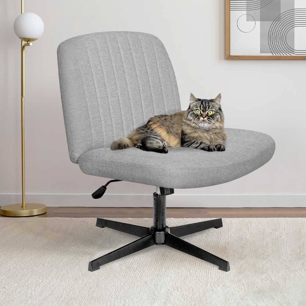 Left. Neo Chair - Criss Cross Chair, No Wheels, Armless Cross-Legged Office Desk Chair, Fabric Vanity Makeup Chair with Wide Seat - Standard-Gray.