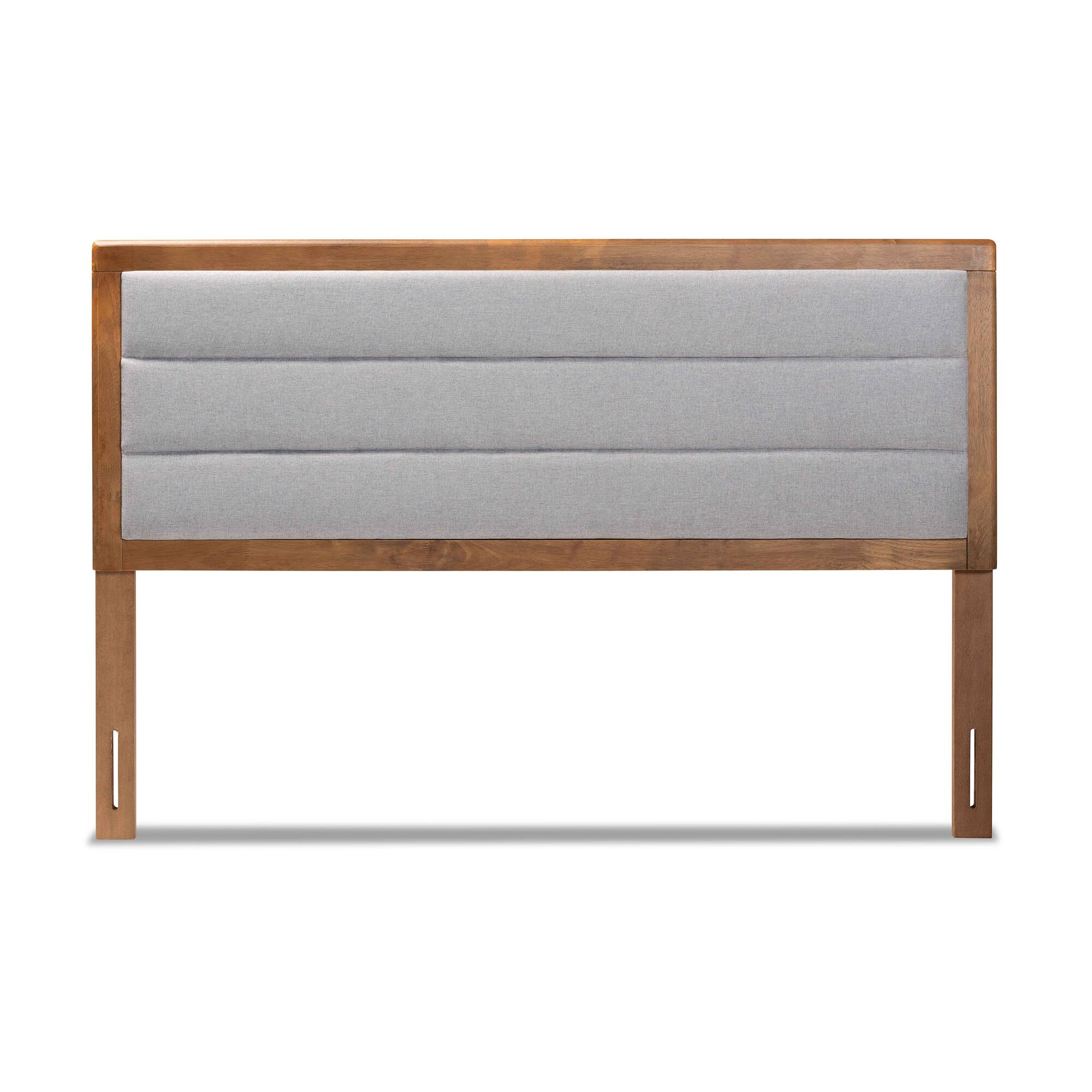 Angle. Baxton Studio - Dexter Modern and Contemporary Fabric Upholstered and Finished Wood Queen Size Headboard - Light Grey/Walnut Brown.