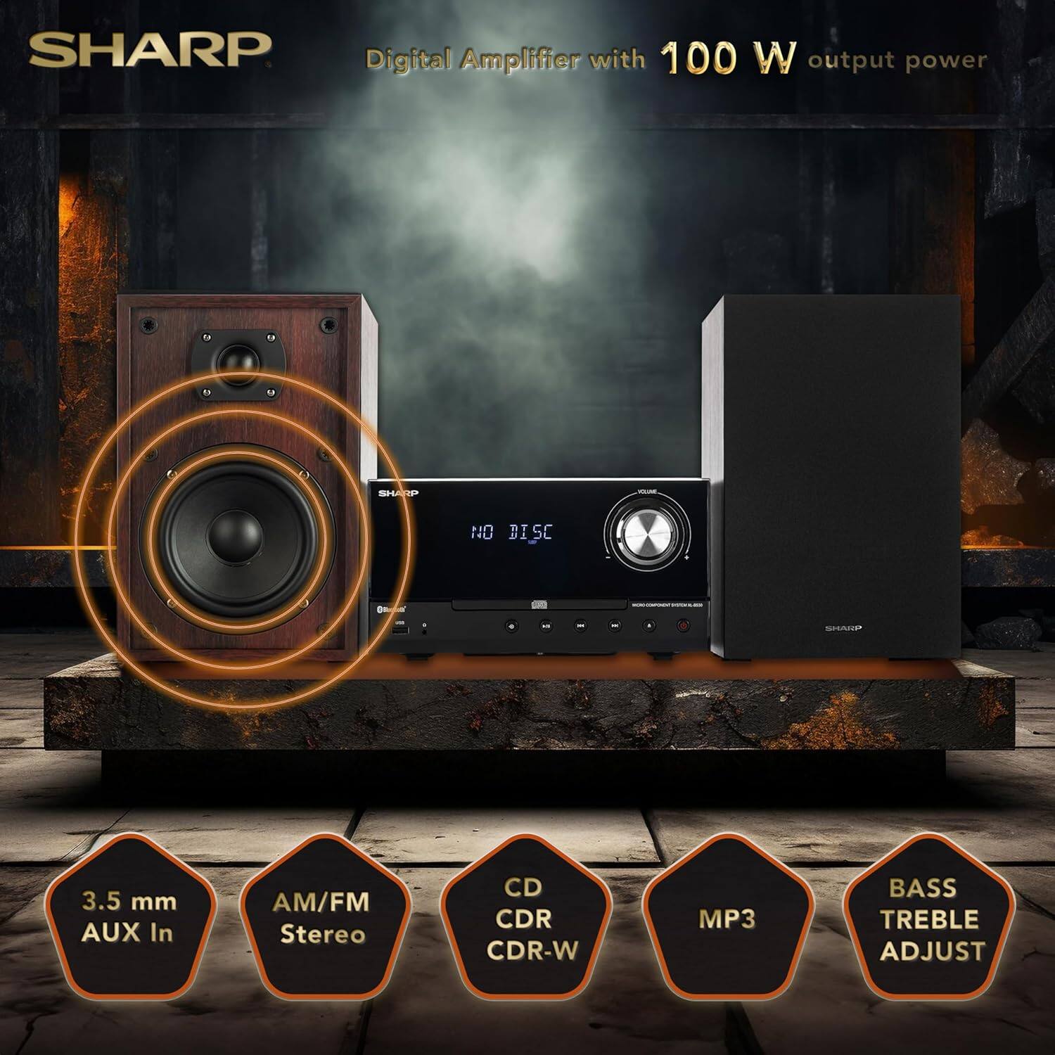 SHARP Digital Amplifier with 100 W output power

- SHARP 011 BISC
- 3.5 mm AUX In
- AM/FM Stereo
- CD CDR CDR-W
- MP3
- BASS TREBLE ADJUST