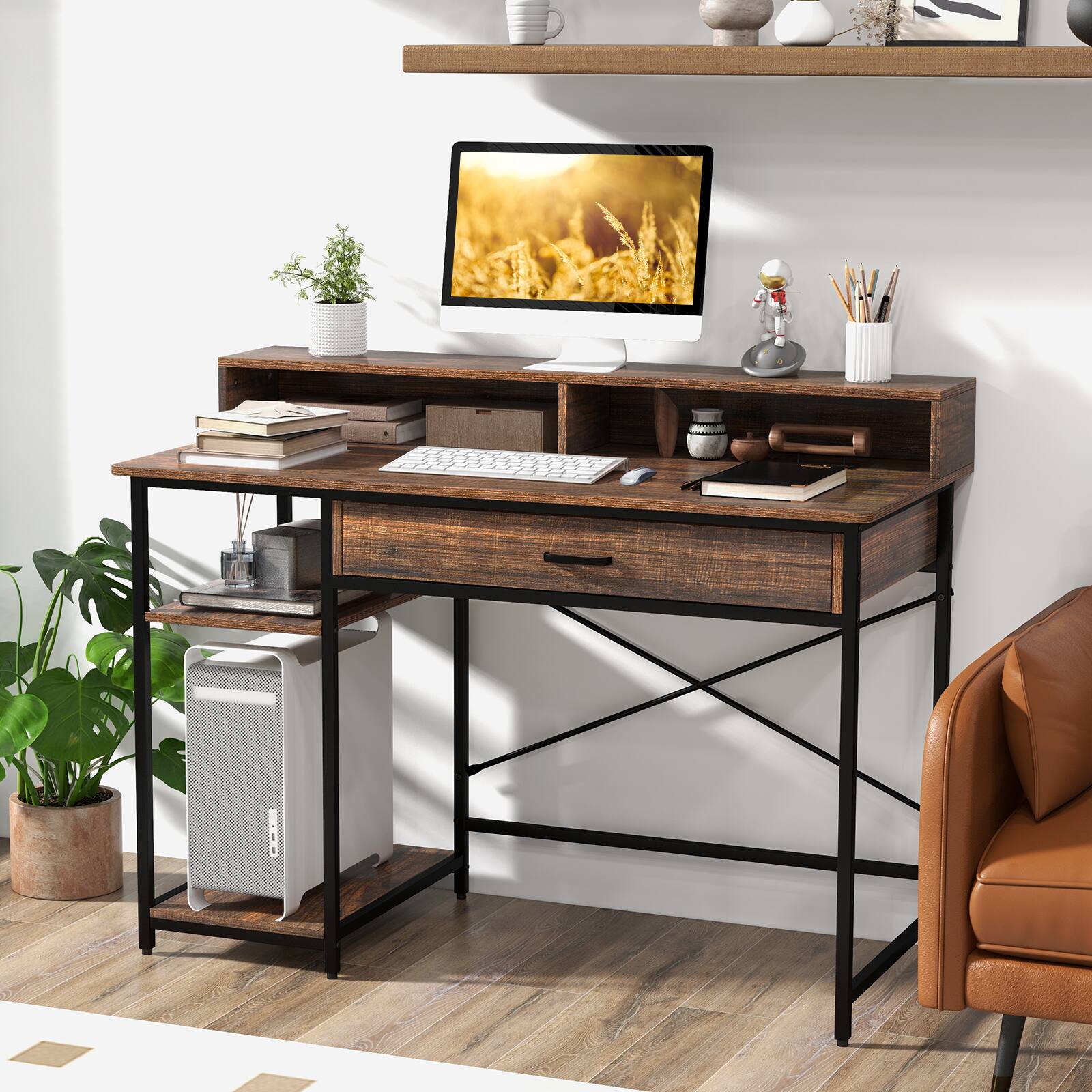 Alt View 7. Ecooso - 48 Inch Computer Desk with Monitor Stand, Drawer and Shelves, Home Office Workstation - Rustic Brown/Black.