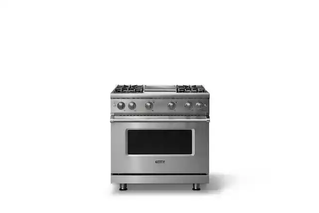 Front. Viking - 36"W. 5.1 Cu. Ft. Freestanding Manual Clean Sealed 4 Burner LP Gas Convection Range/Griddle-Stainless Steel - Stainless Steel.