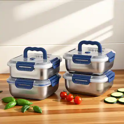Front. Mirfee - 4-Pc Stainless Steel Food Storage Containers Set, Extra-Deep with Airtight Blue Lids for Fridge & Pantry.