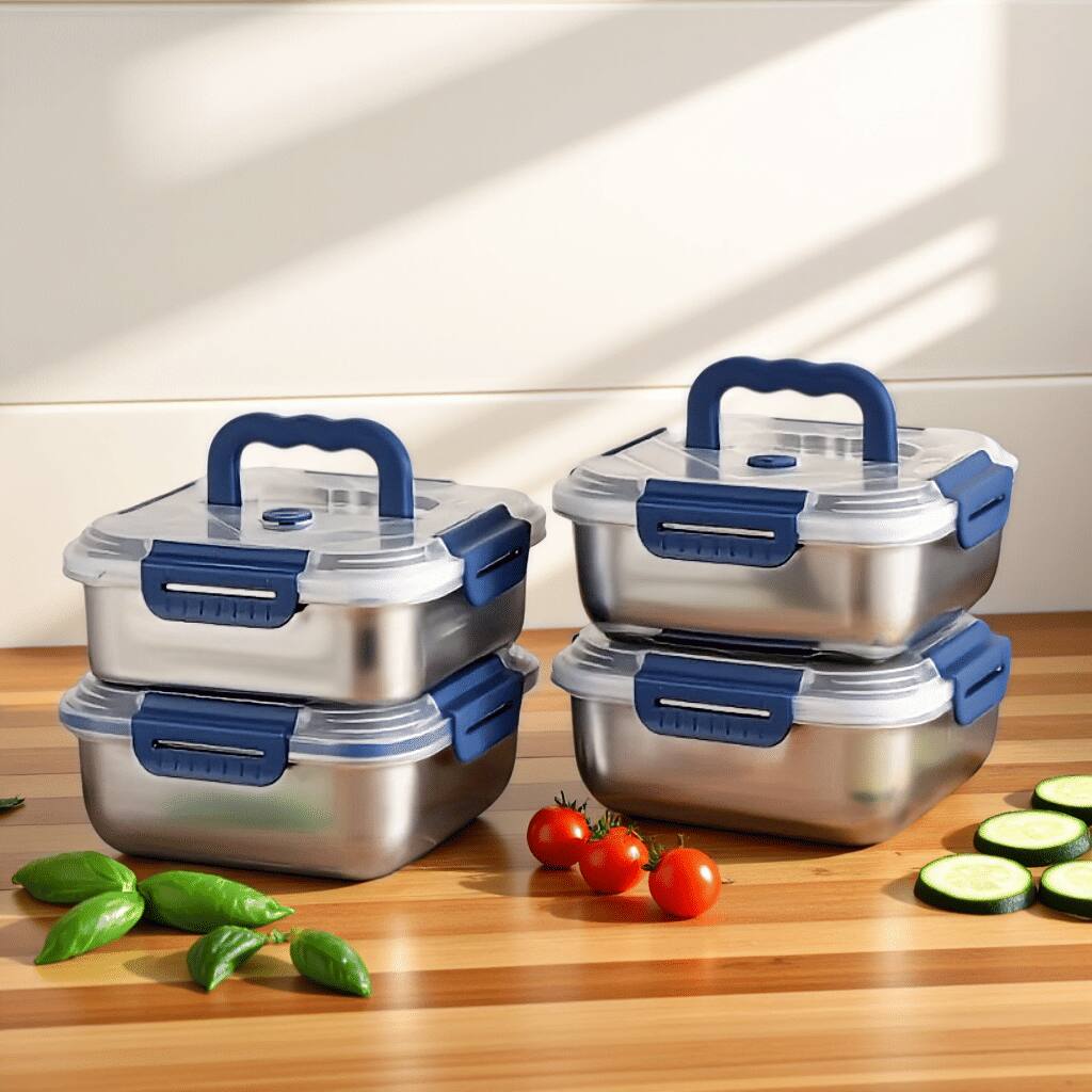 Front. Mirfee - 4-Pc Stainless Steel Food Storage Containers Set, Extra-Deep with Airtight Blue Lids for Fridge & Pantry.