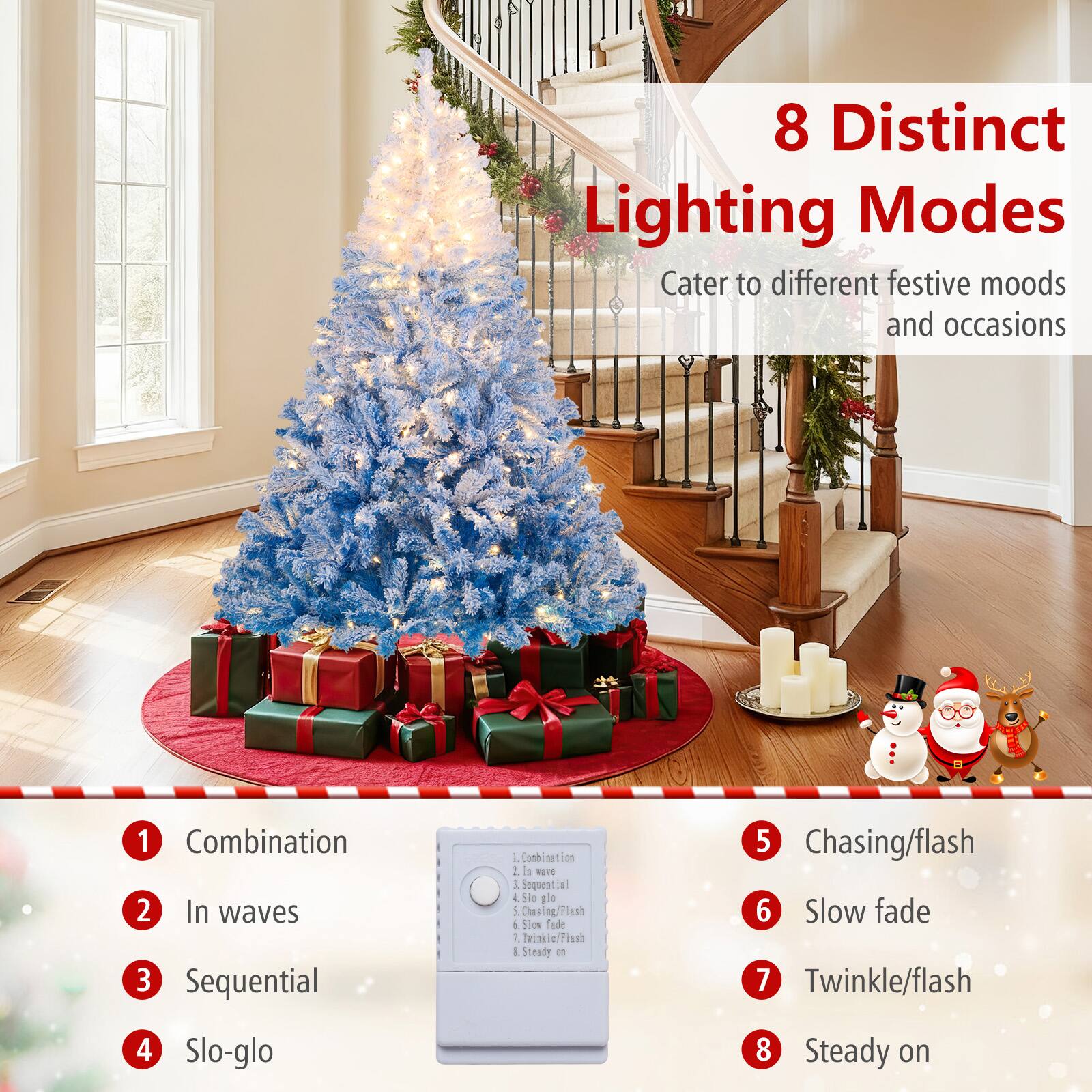 8 Distinct Lighting Modes  
Cater to different festive moods and occasions

1. Combination
2. In waves
3. Sequential
4. Slo-glo
5. Chasing/flash
6. Slow fade
7. Twinkle/flash
8. Steady on