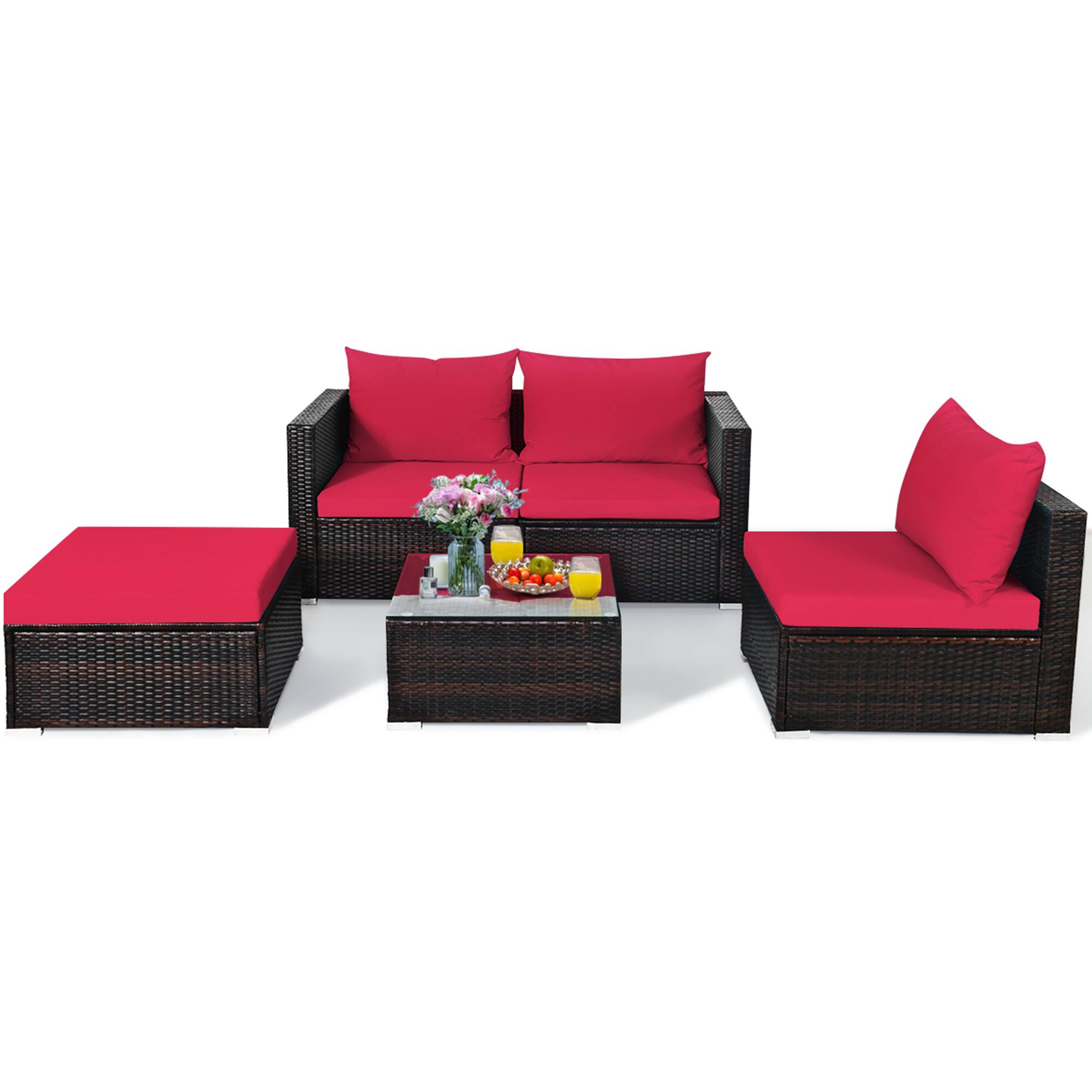 Alt View 4. Gymax - Gymax 5PCS Cushioned Rattan Patio Conversation Set w/ Ottoman Red Cushion - Red.