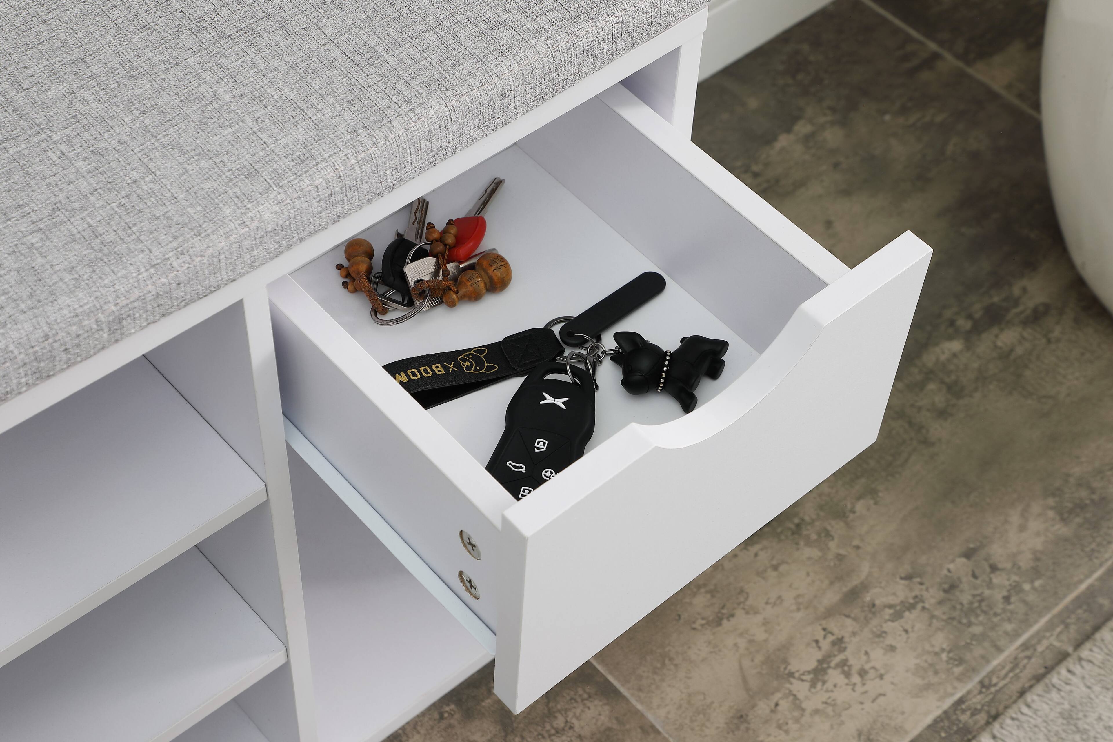 Alt View 3. Ropilly - Ropilly White Shoe Bench with Cushion and Drawer Entryway Storage Bench Adjustable Shelf Holds 9 Pairs - White.