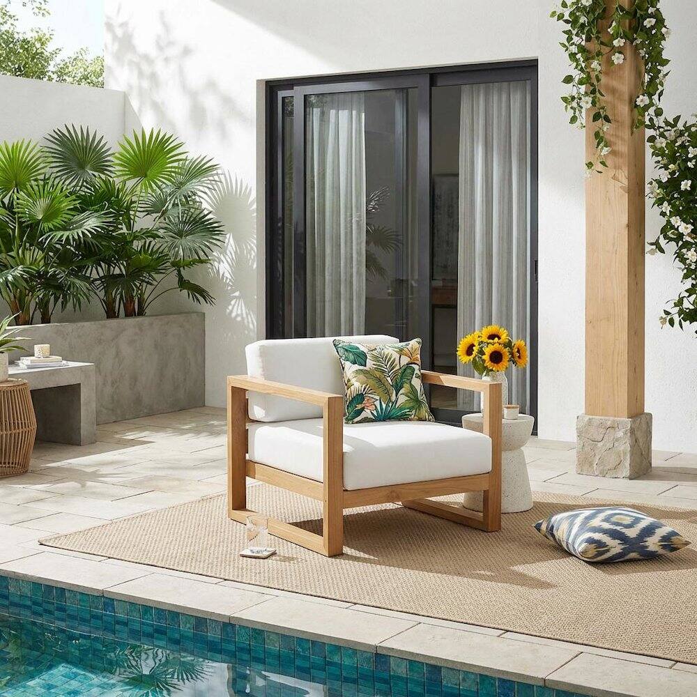 Angle. Outdoor Escape - Teak Outdoor Lounge Armchair With Cushioned Seat And Armrests - White.
