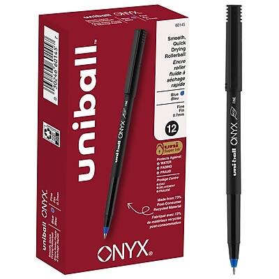 **Uniball ONYX**

- **Model:** 60145
- **Color:** Blue
- **Tip Size:** 0.7mm
- **Features:**
  - Smooth, Quick Drying Rollerball
  - Encre roller fuide à séchage rapide
  - Protects Against Water Fading
  - Made from 75% Recycled Materials
  - Post-Consumer Recycled Content: 75%
- **Packaging:** 12 pens
- **Additional Information:**
  - Made in Japan
  - 100% Recyclable Packaging
  - Water Resistant
  - Fade Resistant
  - Acid Free
  - Non-Toxic