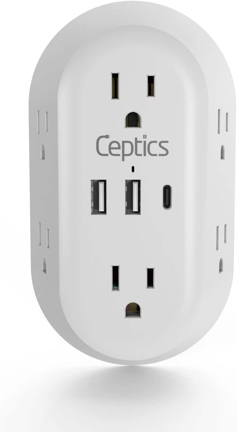Front. Ceptics - Ceptics 20W Wall Power Strip Charger – Compact Surge Protector 1800J with Dual USB, USB-C PD & QC 3.0 + 6 Outlets - White.