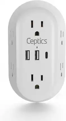 Front. Ceptics - Ceptics 20W Wall Power Strip Charger – Compact Surge Protector 1800J with Dual USB, USB-C PD & QC 3.0 + 6 Outlets - White.