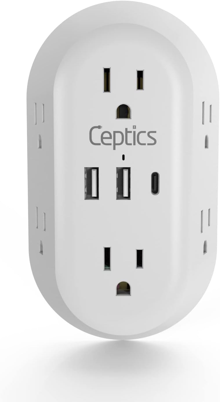 Ceptics - 20W Wall Power Strip Charger – Compact Surge Protector 1800J with Dual USB, USB-C PD & QC 3.0 + 6 Outlets - White