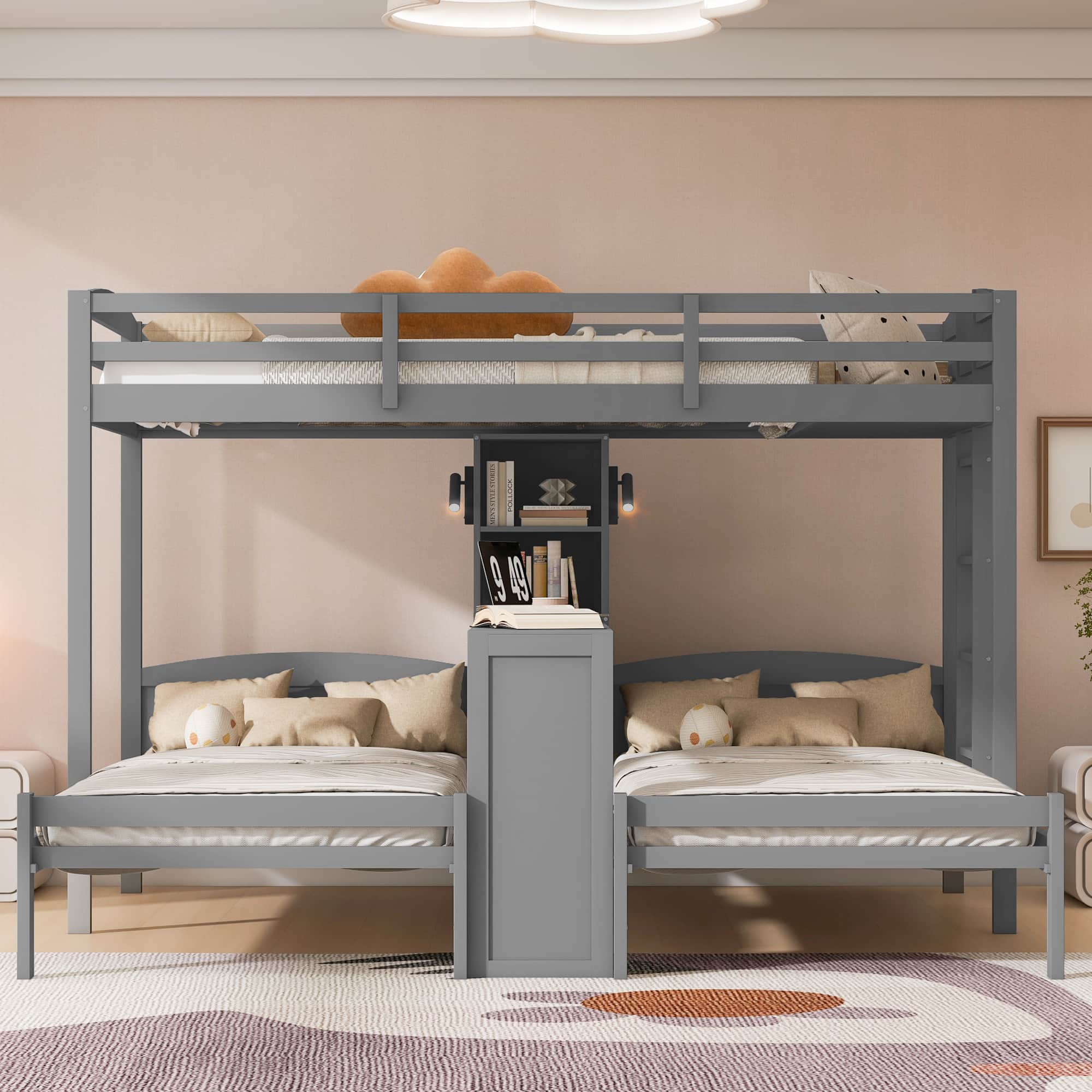 Anysun - 3 Beds in 1 Design Twin Bunk Bed with Built-in Desk, Storage Shelves & Reading Lamp, Space-Saving Multi-Function - Gray