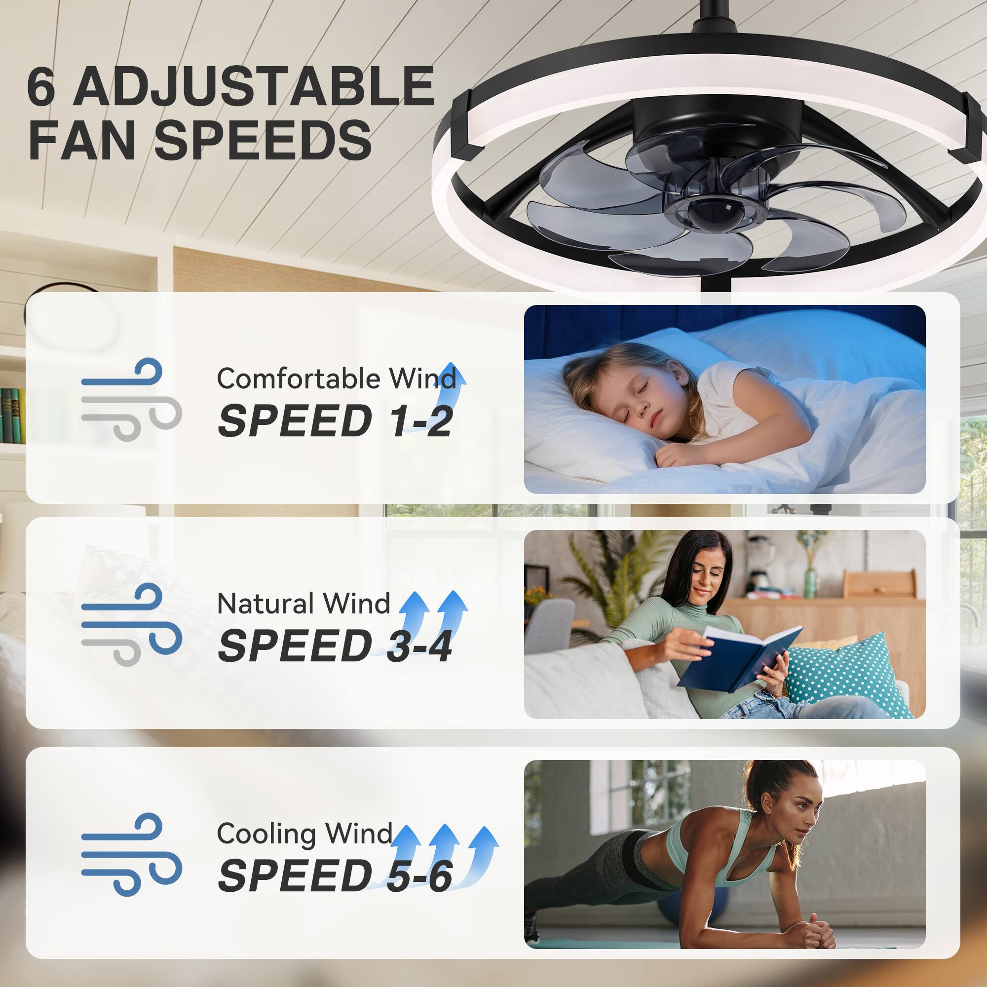 6 Adjustable Fan Speeds

- Comfortable Wind Speed 1-2
- Natural Wind Speed 3-4
- Cooling Wind Speed 5-6