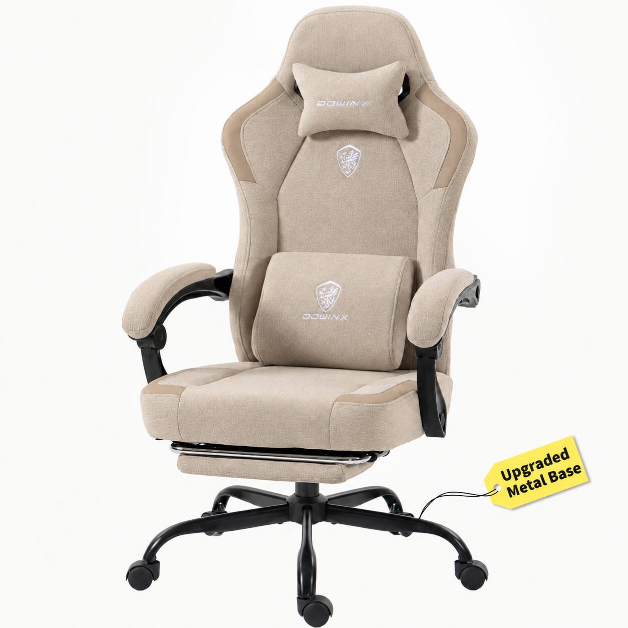 Dowinx - Ergonomic Breathable Fabric Gaming Chair with Soft Lumbar Support, 135° Reclining, Retractable Footrest & Headrest - Brown