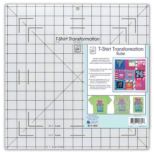T-Shirt Transformation Ruler Center mark and cut perfect squares for all your tote bags, pillows, and more. Tees do not need to be ironed or pre-washed. 10" Guide 12" Guide 15" Outer Guide