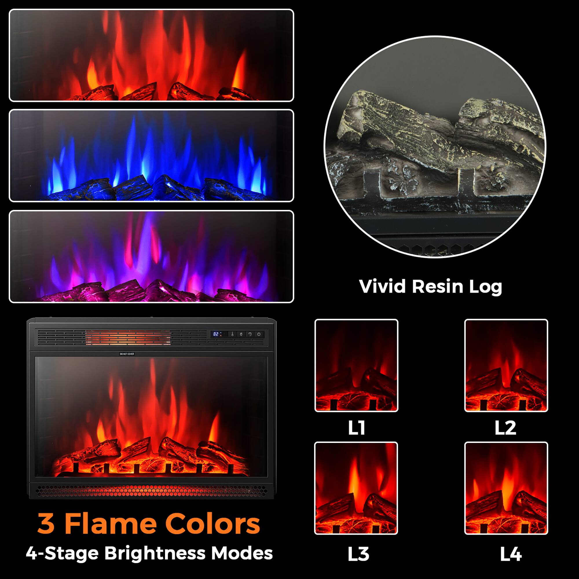Vivid Resin Log

3 Flame Colors

4-Stage Brightness Modes

L1 L2 L3 L4