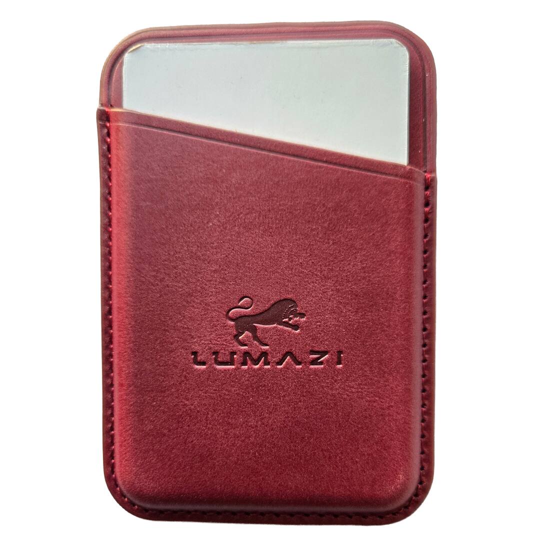 Angle. LUMAZI - Full Grain Leather MagSafe Wallet - Pomegranate.
