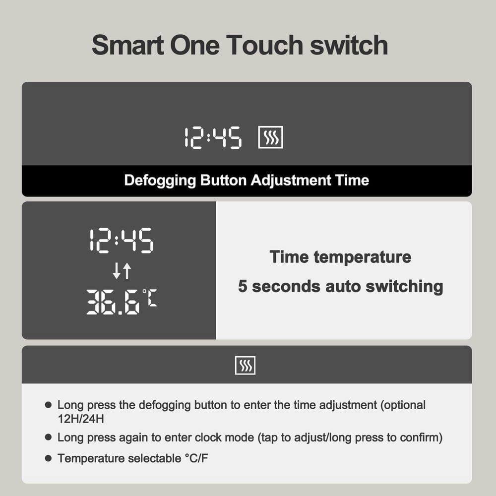Smart One Touch switch

12:45  
Defogging Button Adjustment Time

12:45  
36.6°C  
Time temperature  
5 seconds auto switching

- Long press the defogging button to enter the time adjustment (optional 12H/24H)
- Long press again to enter clock mode (tap to adjust/long press to confirm)
- Temperature selectable °C/F