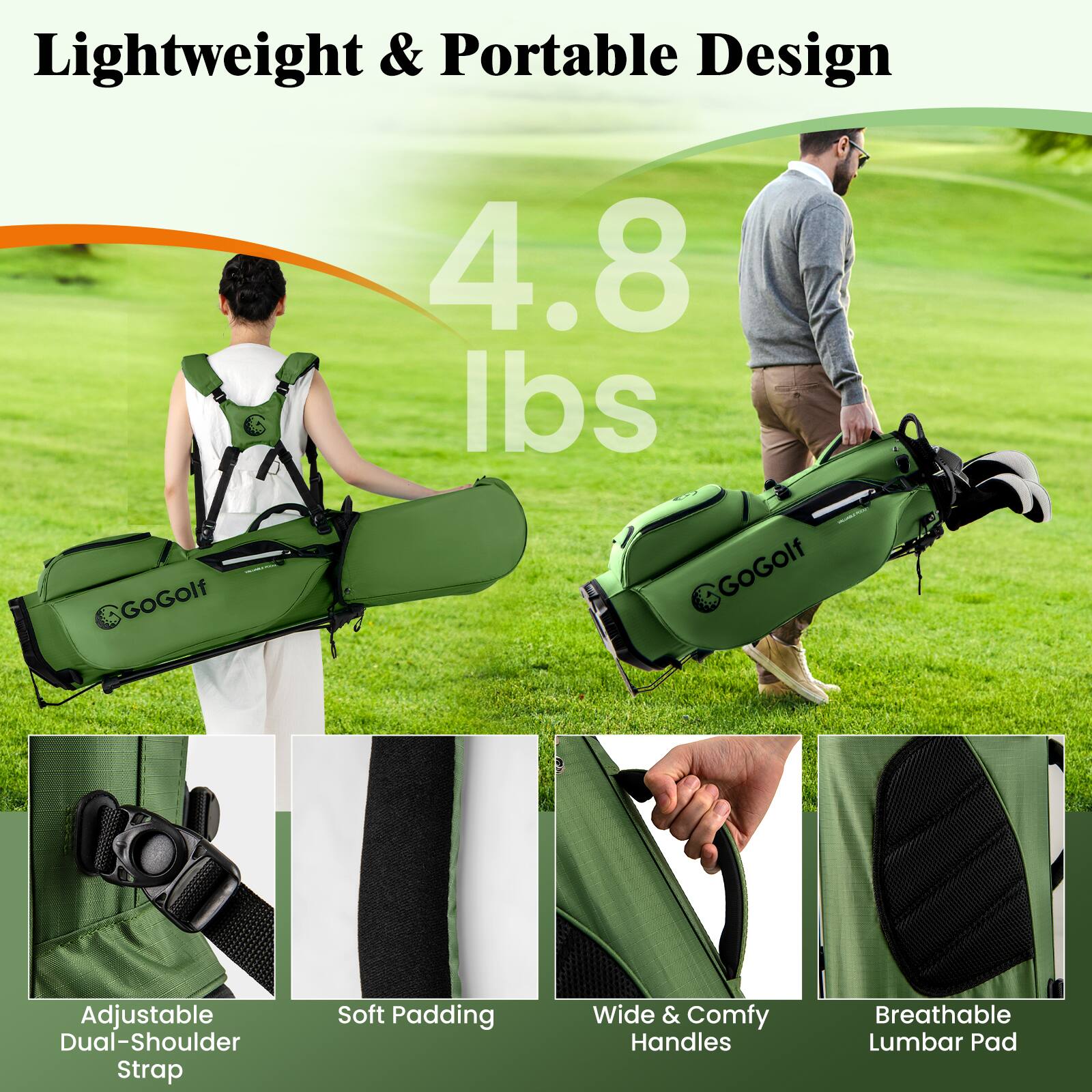 Lightweight & Portable Design  
4.8 lbs  

Adjustable Dual-Shoulder Strap  
Soft Padding  
Wide & Comfy Handles  
Breathable Lumbar Pad
