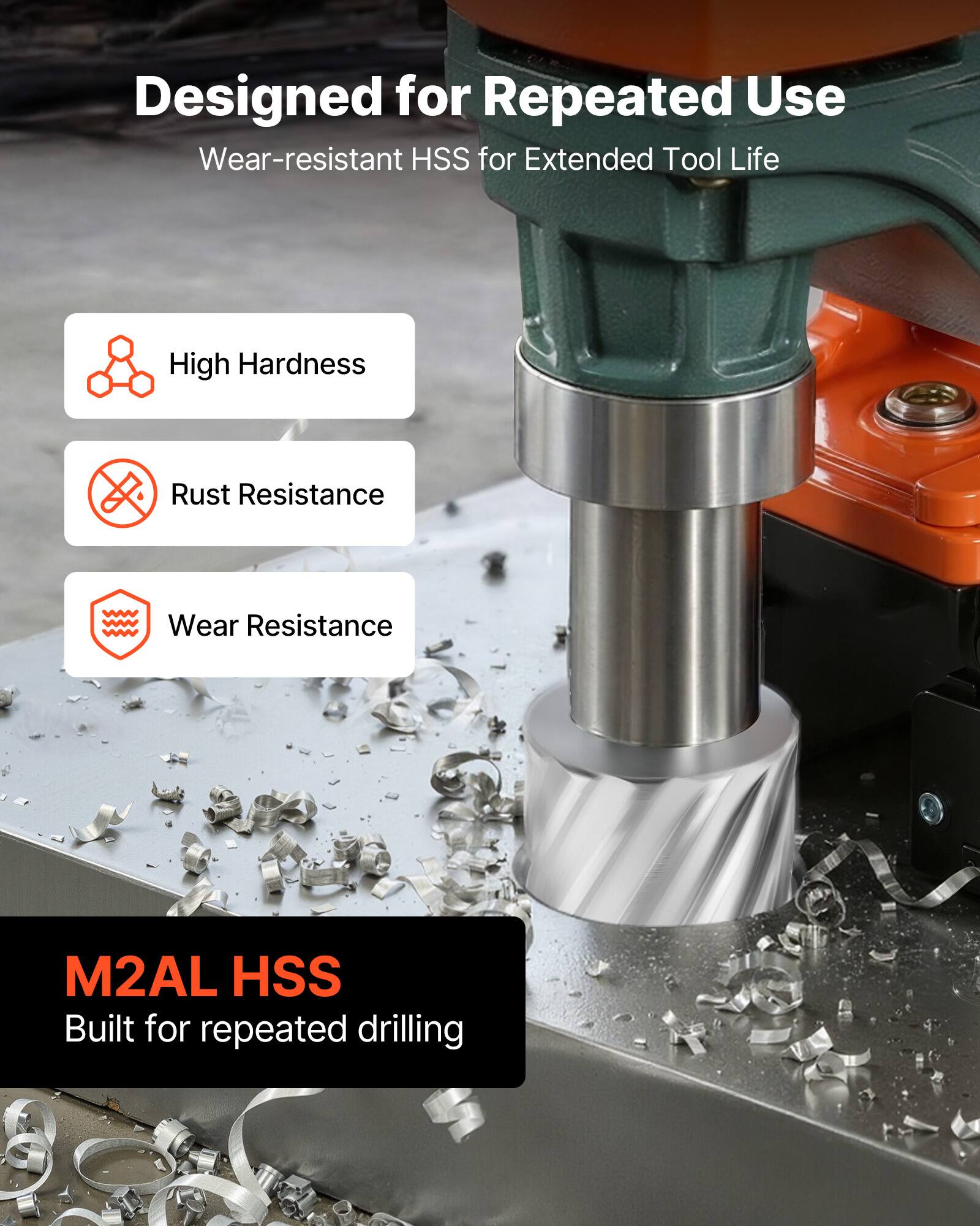 Designed for Repeated Use  
Wear-resistant HSS for Extended Tool Life

- High Hardness
- Rust Resistance
- Wear Resistance

M2AL HSS  
Built for repeated drilling