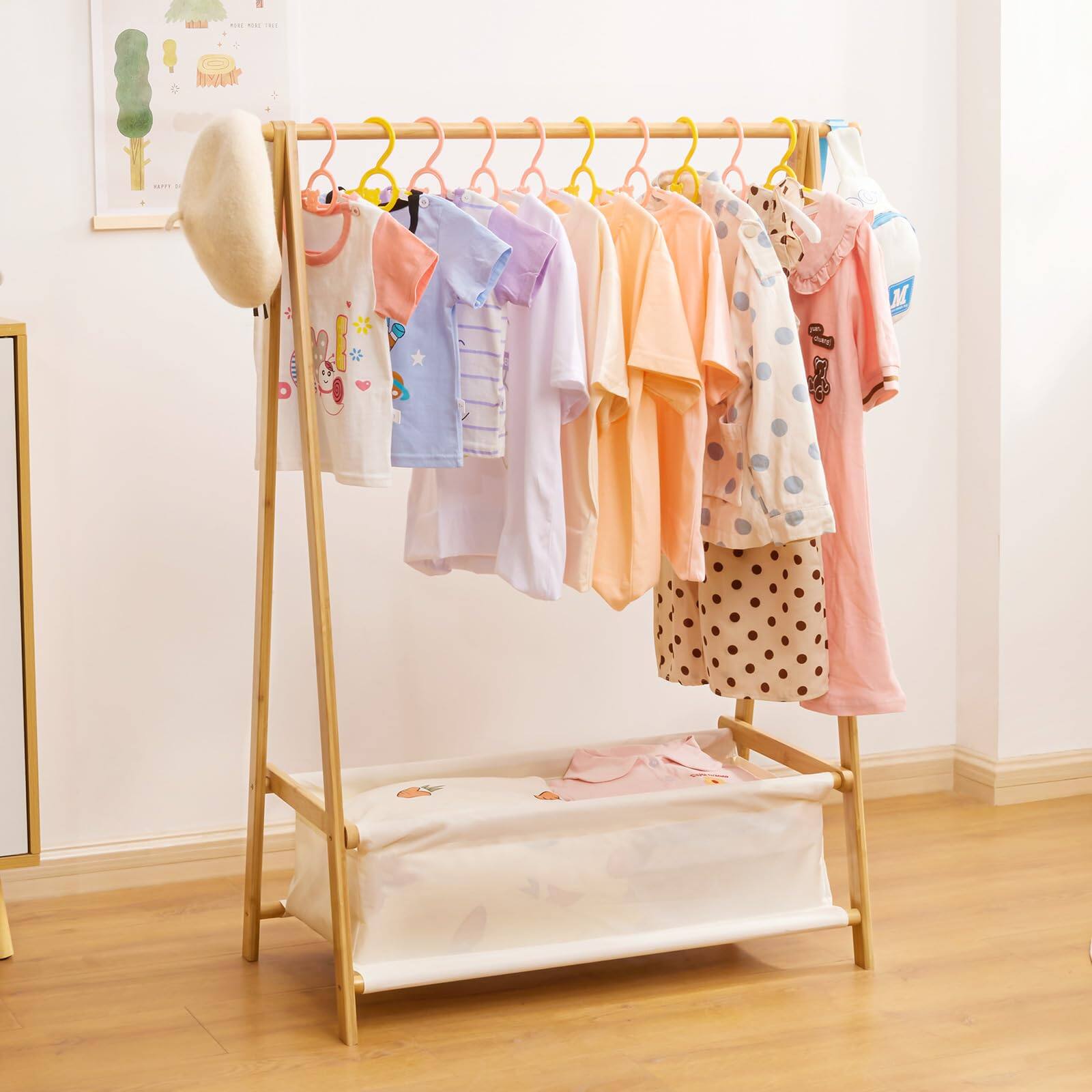 Hanke - Clothing Rack With Storage Box Dress Up Holder Garment Stand Hanging Rods Small And Foldable (white) - Natural