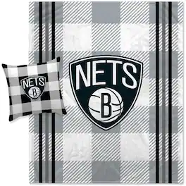Pegasus - Brooklyn Nets Gray Plaid Stripes Blanket and Pillow Combo Set - Multicolor