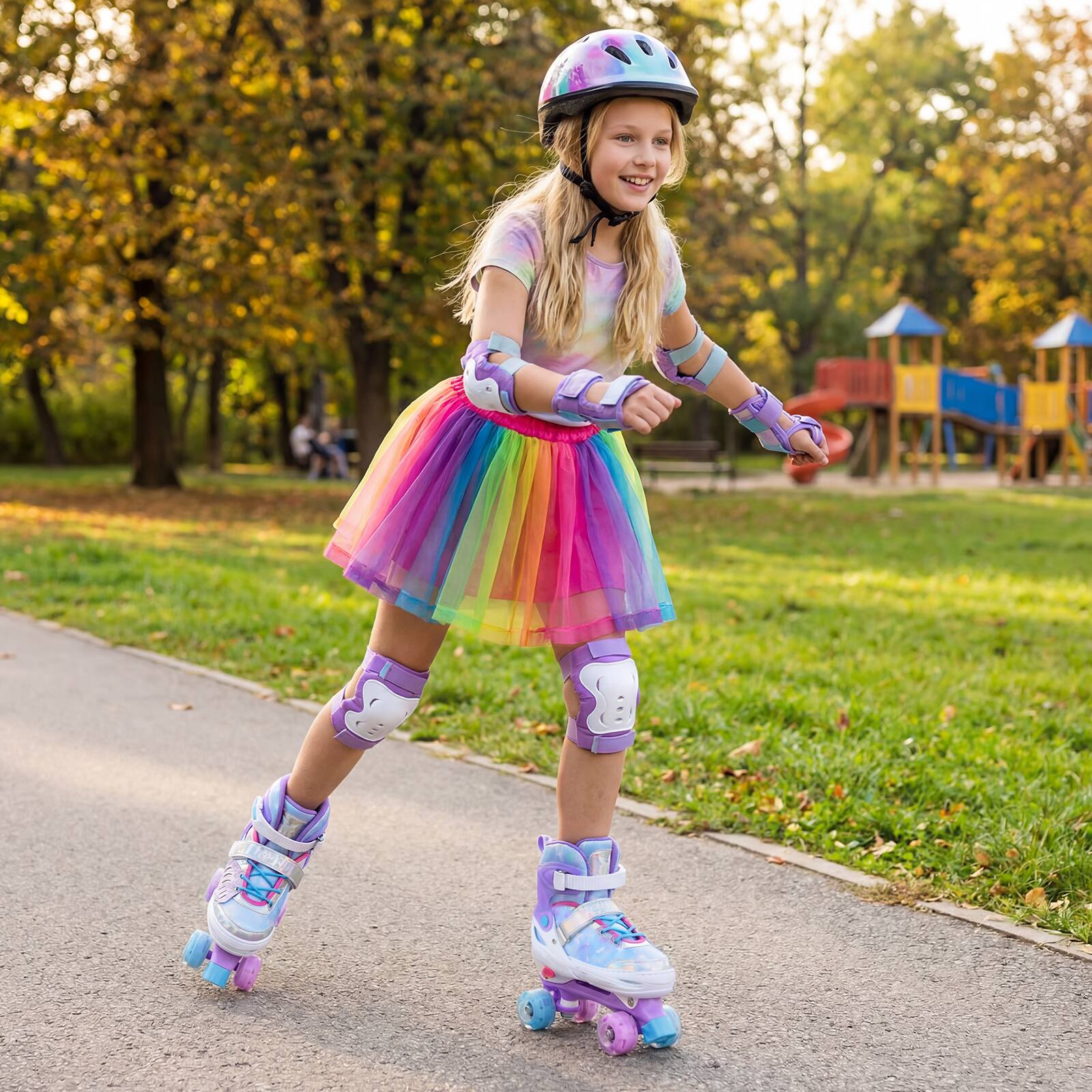 Alt View 2. Costway - Costway Kids Roller Skates 4 Sizes Adjustable Quad Skates with Light Wheels for Ages 9-14 - Blue.