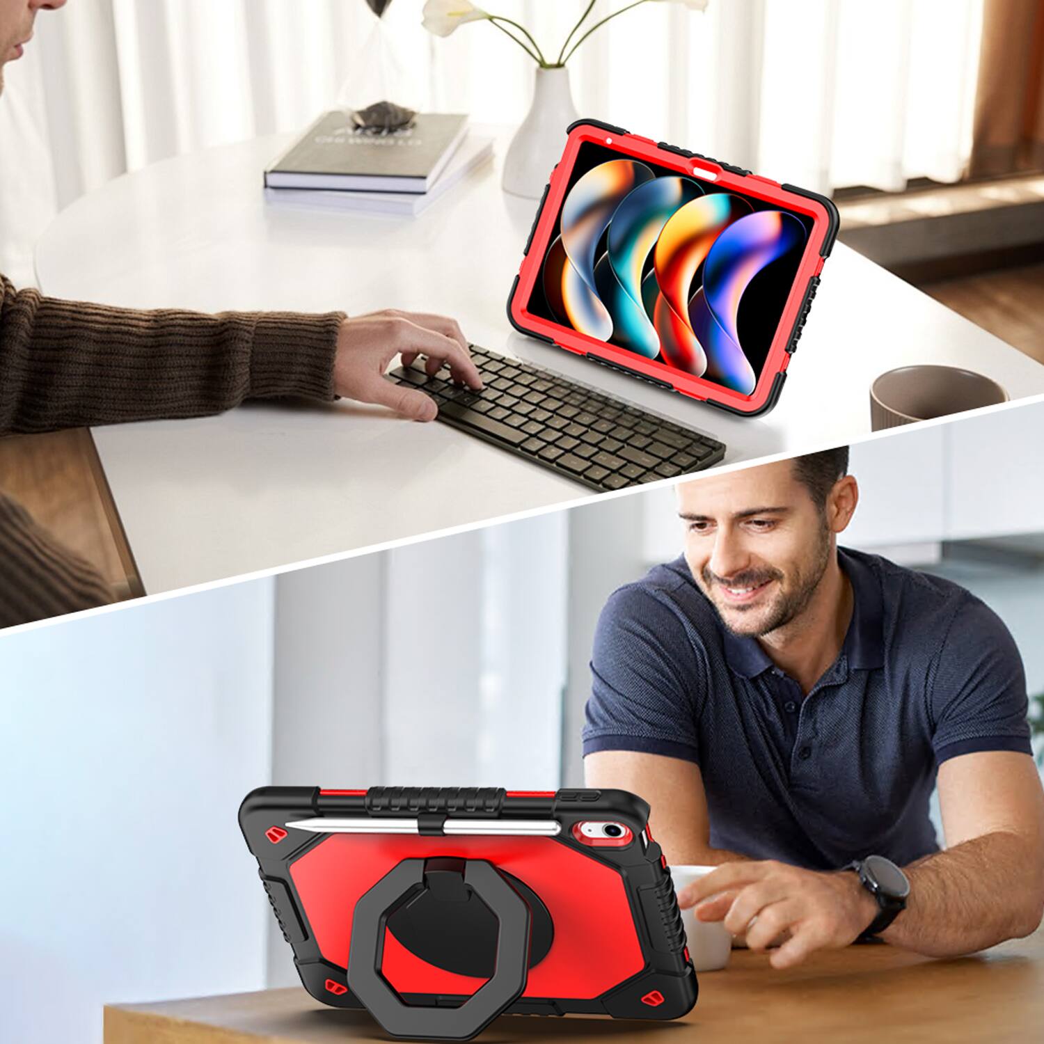 Alt View 2. Dteck - Shockproof Case for Apple iPad (A16) 11" 2025 & iPad 10th Gen 10.9" with Strap & 360° Stand,Rugged Cover+Plastic Stylus - Red.