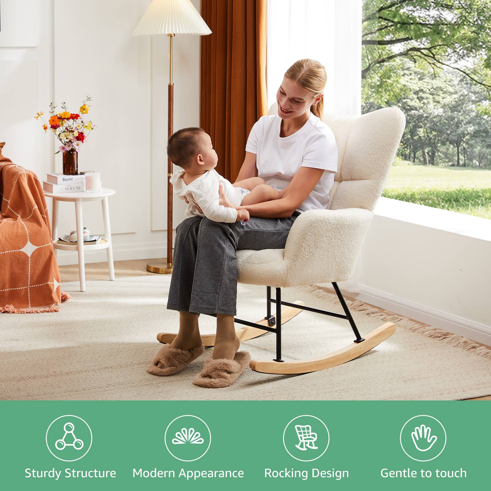 Sturdy Structure  
Modern Appearance  
Rocking Design  
Gentle to touch