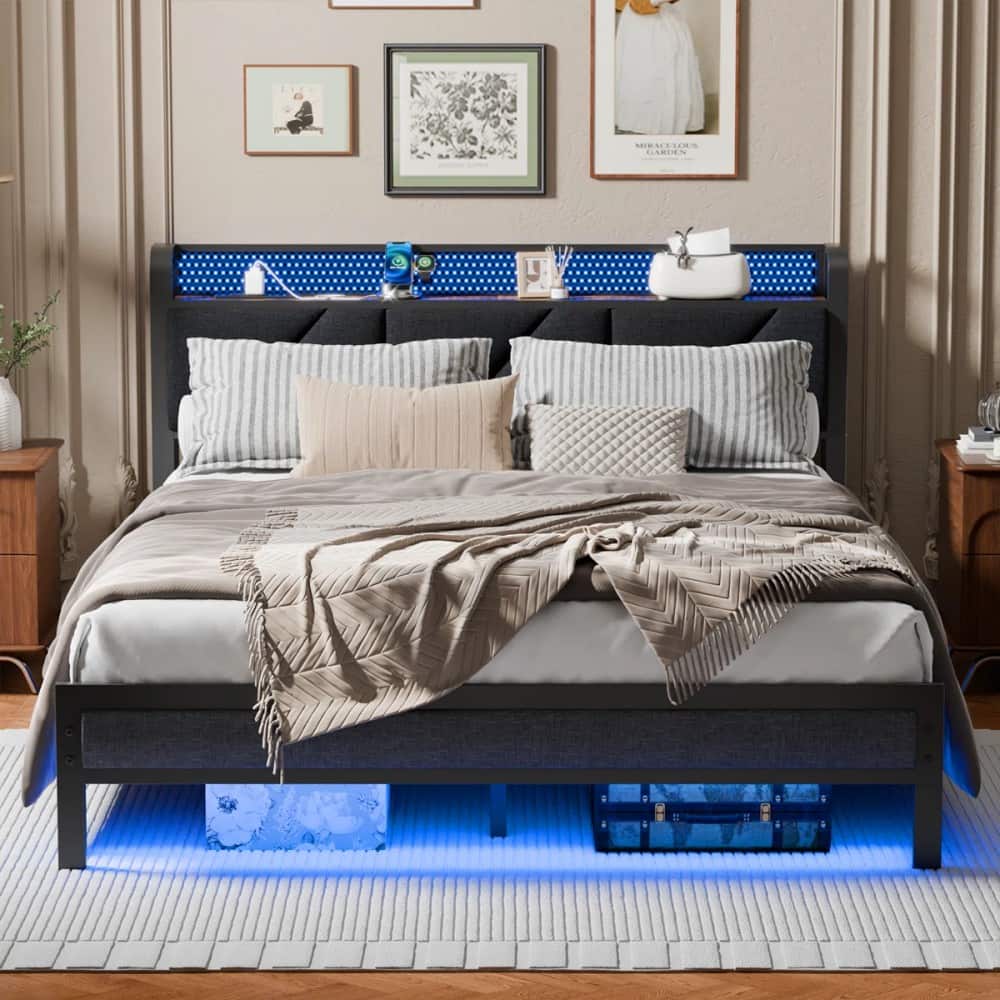 Furnulem - Queen Upholstered Bed Frame with LED Lights, Headboard with Charging Station - Brown