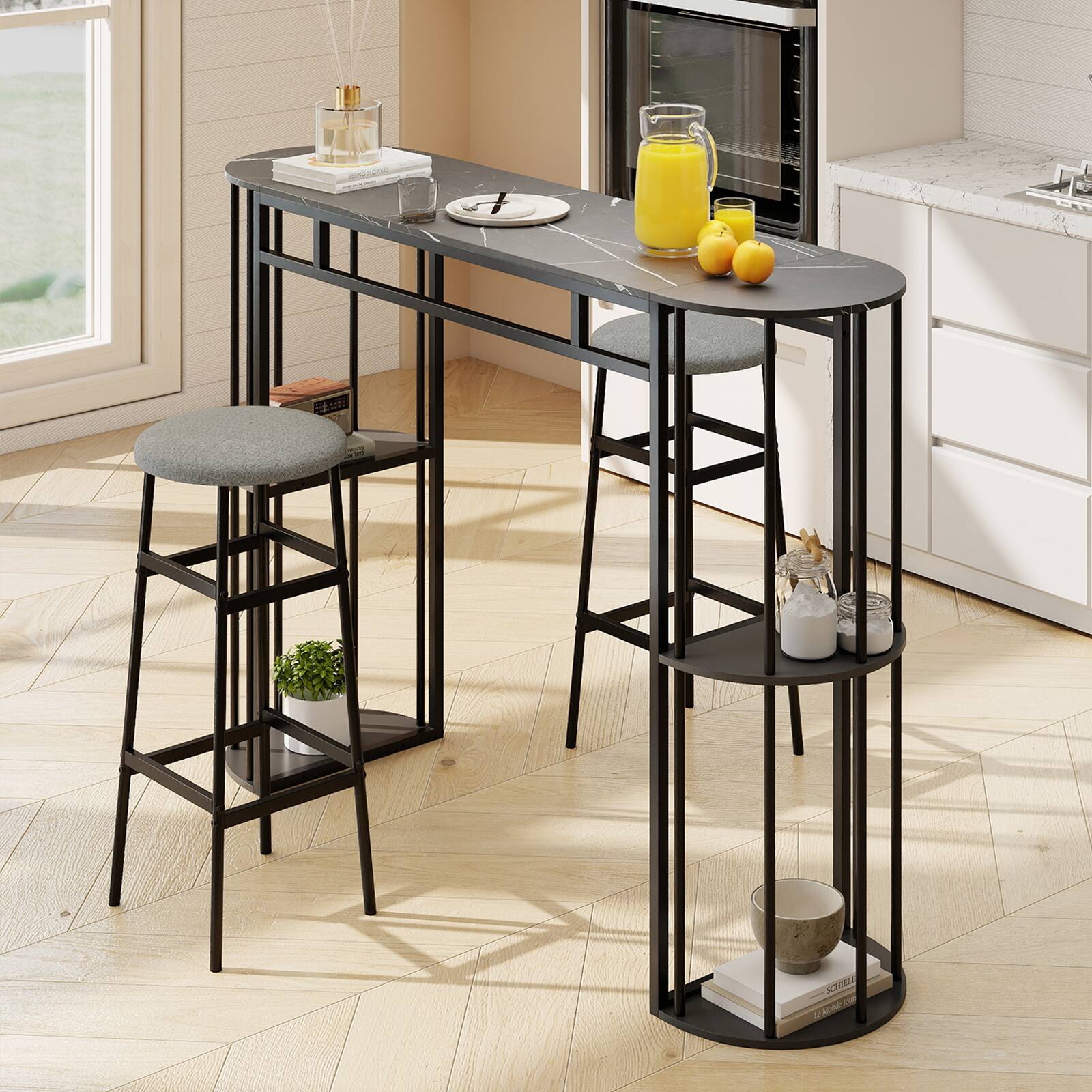 Alt View 1. Gymax - Gymax 60'' Long Bar Table Narrow Pub Table w/Faux Marble Tabletop & Storage Shelves Grey - Black.