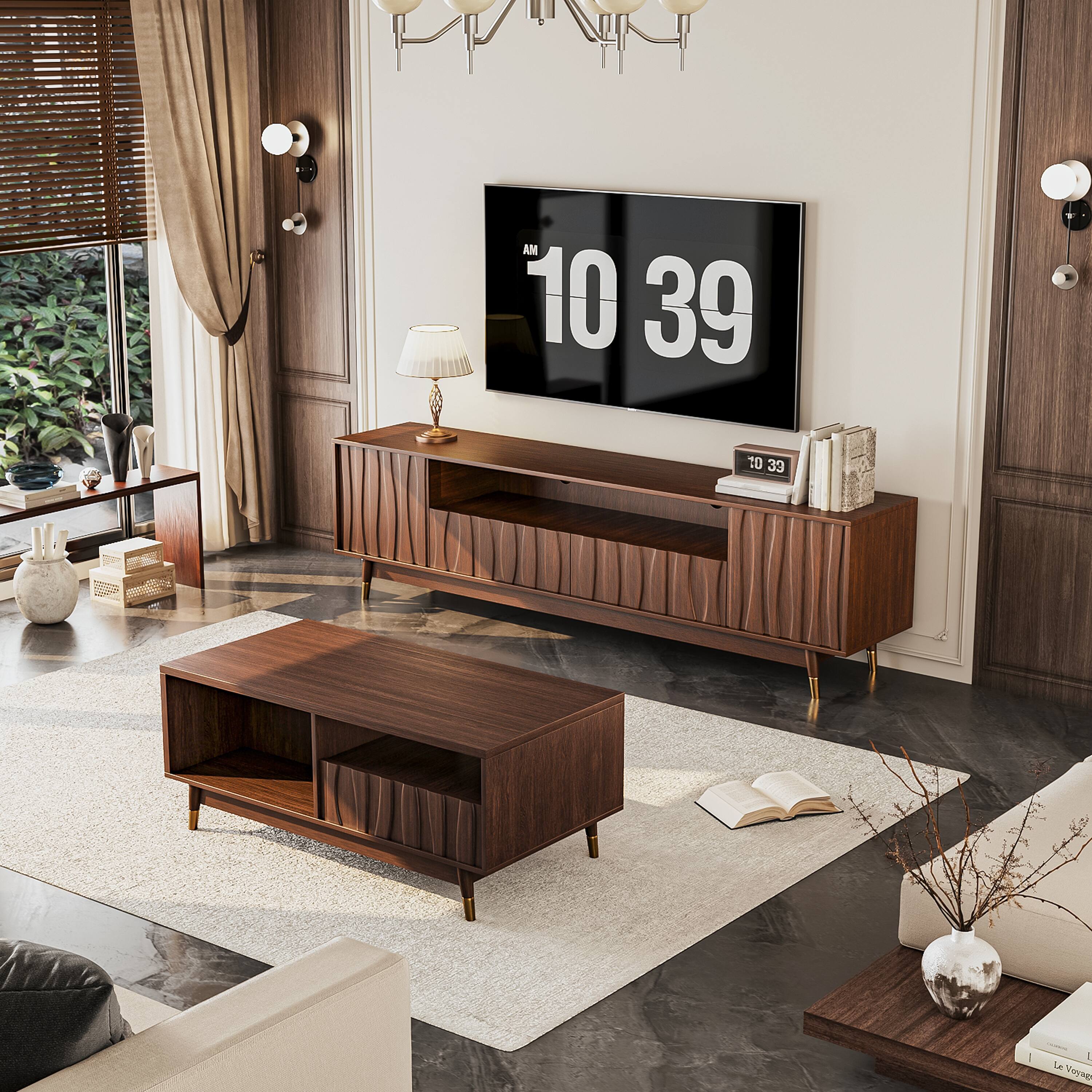 Alt View 3. MSOOB - 78.7 Inch Brown TV Stand For 85 Inch TV, Mid Century Modern Walnut Finish Media Console With Storage Drawers - brown.