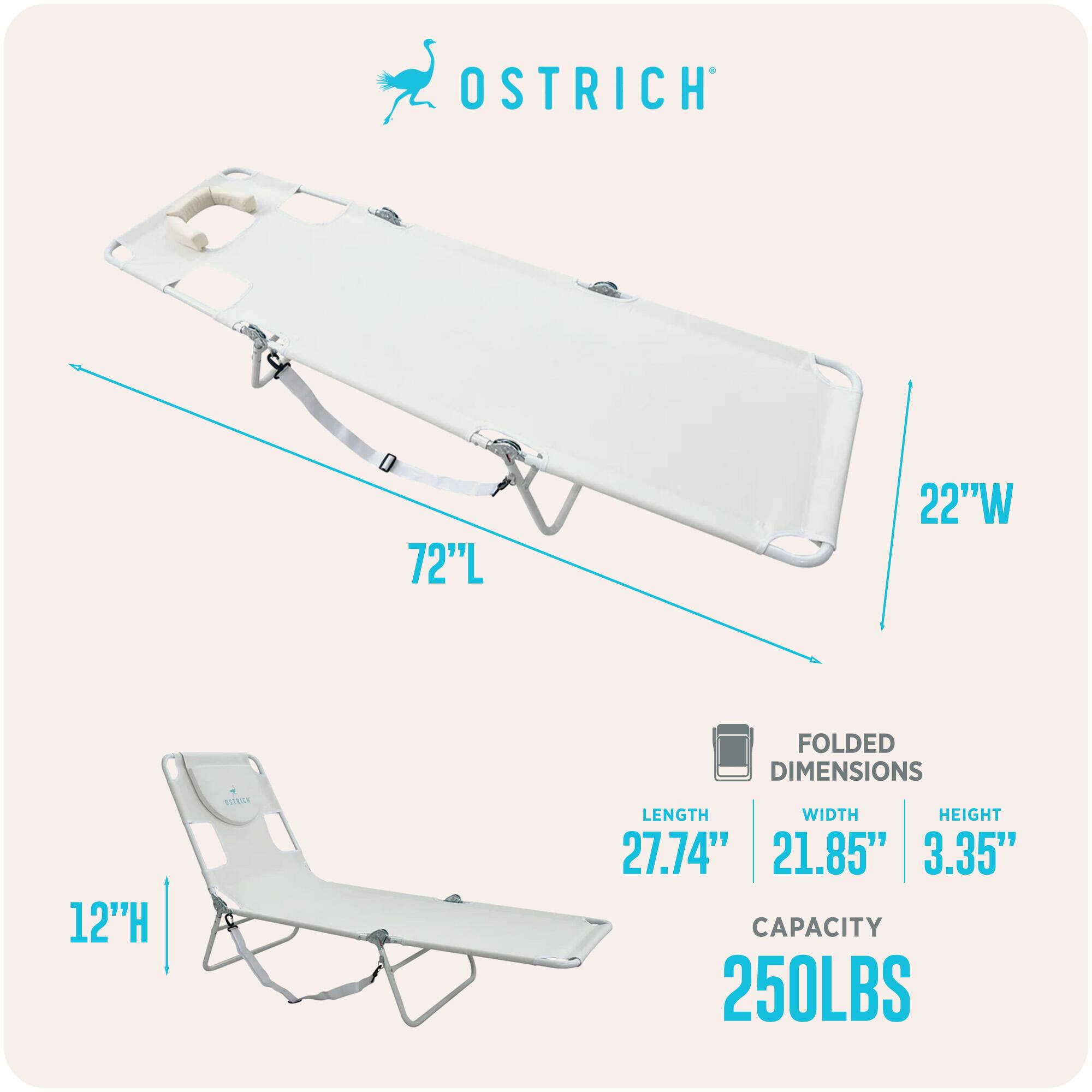 OSTRICH  
72"L x 22"W x 12"H  
Folded Dimensions:  
Length: 27.74"  
Width: 21.85"  
Height: 3.35"  
Capacity: 250LBS