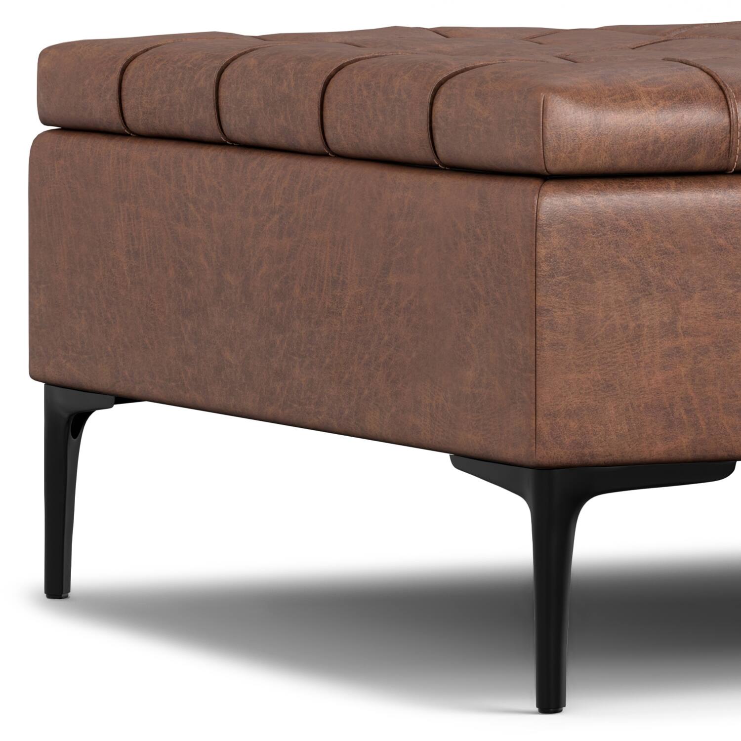 Alt View 5. Simpli Home - Laura 36 inch Wide Mid Century Square Lift Top Storage Ottoman in Distressed Saddle Brown  Vegan Faux Leather, Assembled - Distressed Saddle Brown.