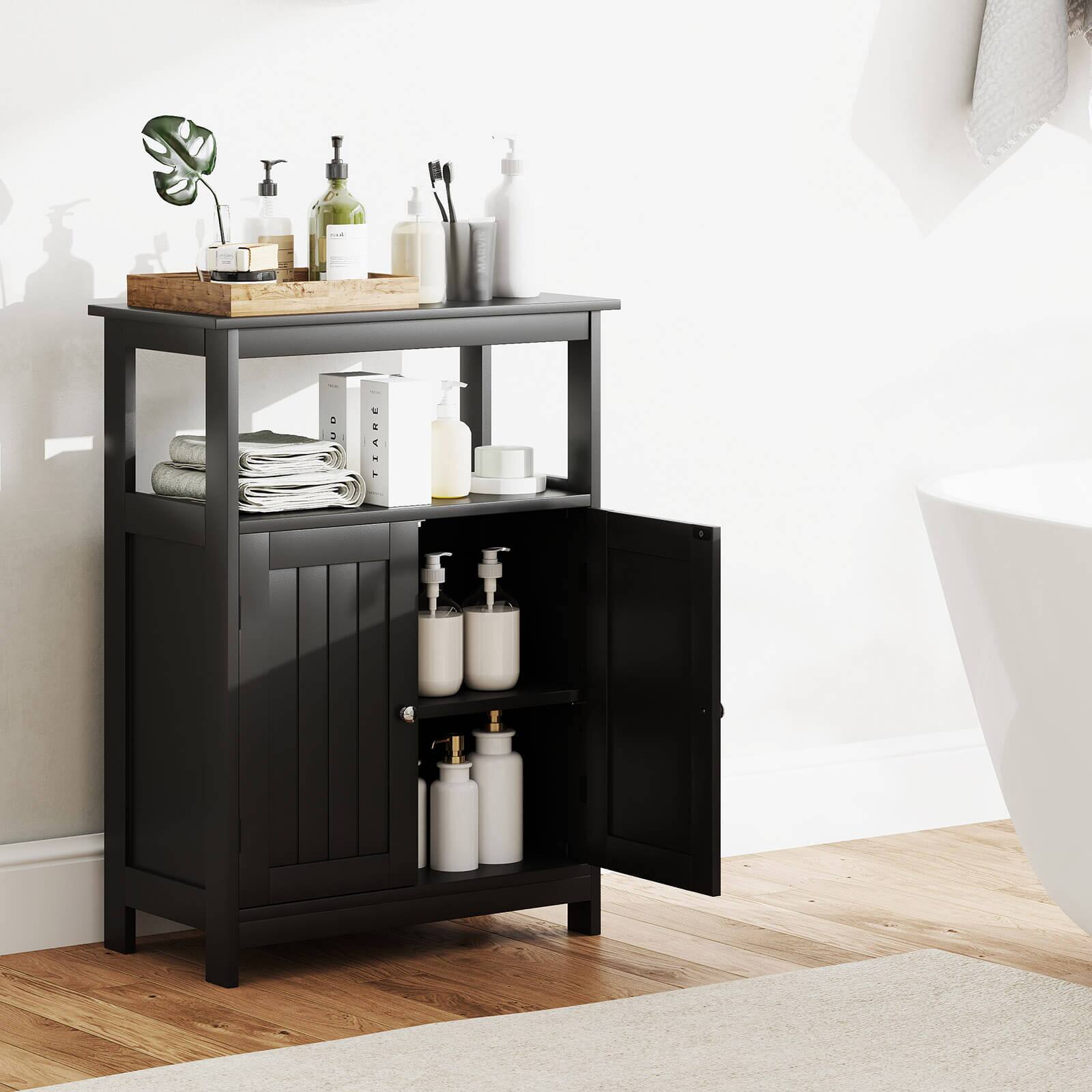 Alt View 4. Costway - Costway Bathroom Floor Cabinet Freestanding Storage Organizer with 2 Doors Open Compartment Black - Black.