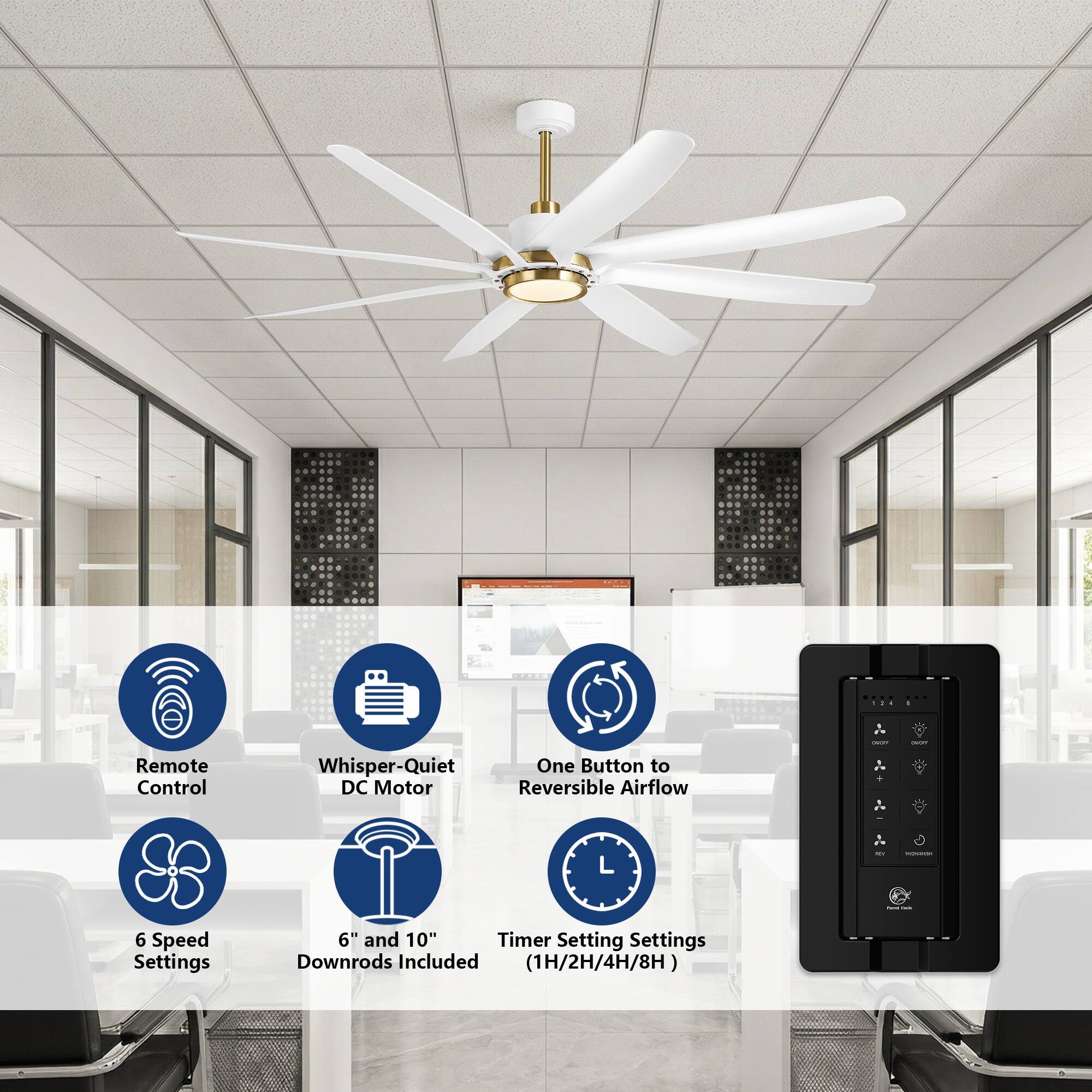 - Remote Control
- Whisper-Quiet DC Motor
- One Button to Reversible Airflow
- 6 Speed Settings
- 6" and 10" Downrods Included (1H/2H/4H/8H)
- Timer Setting Settings