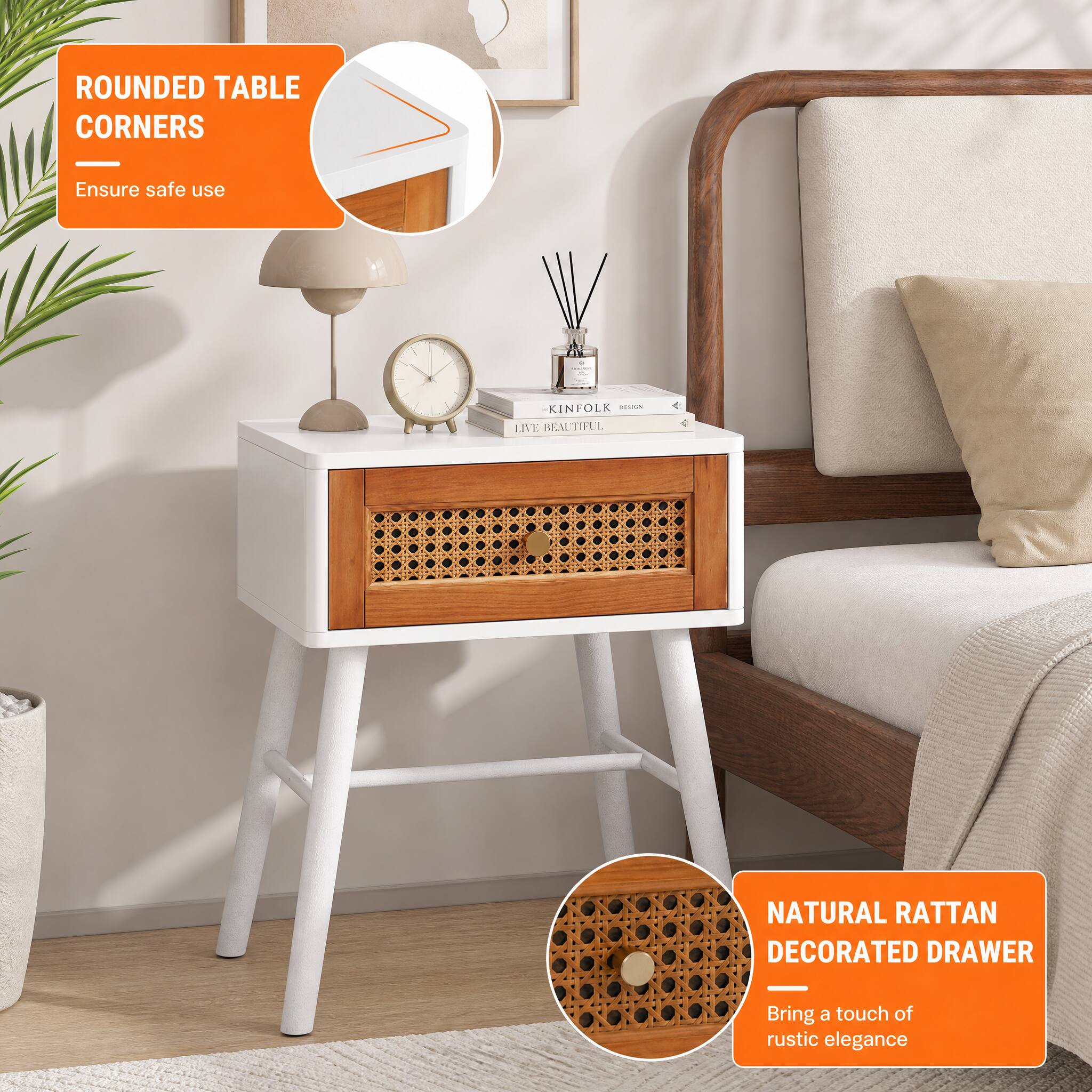 ROUNDED TABLE CORNERS  
Ensure safe use

KINFOLK DESIGN LIVE BEAUTIFUL

NATURAL RATTAN DECORATED DRAWER  
Bring a touch of rustic elegance