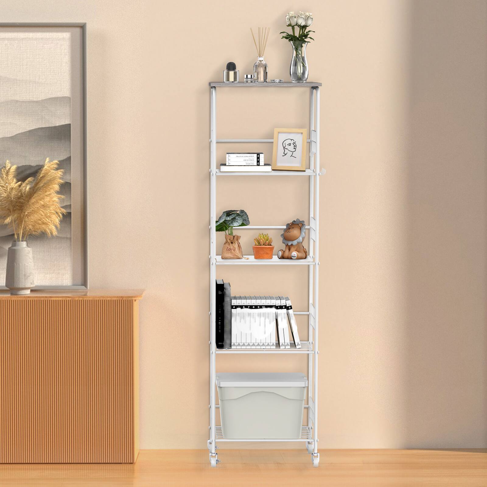 Angle. Oumilen - 5-Tier Wire Storage Shelf with Wood Top, White Metal Frame & Accessories, Gray - Gray.