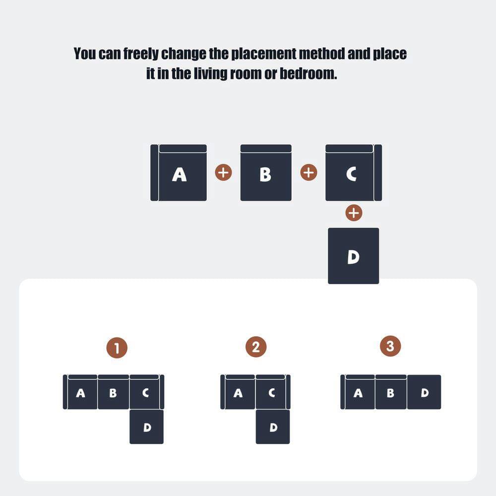 You can freely change the placement method and place it in the living room or bedroom.

A + B + C + D

1. A B C D
2. A C D
3. A B D