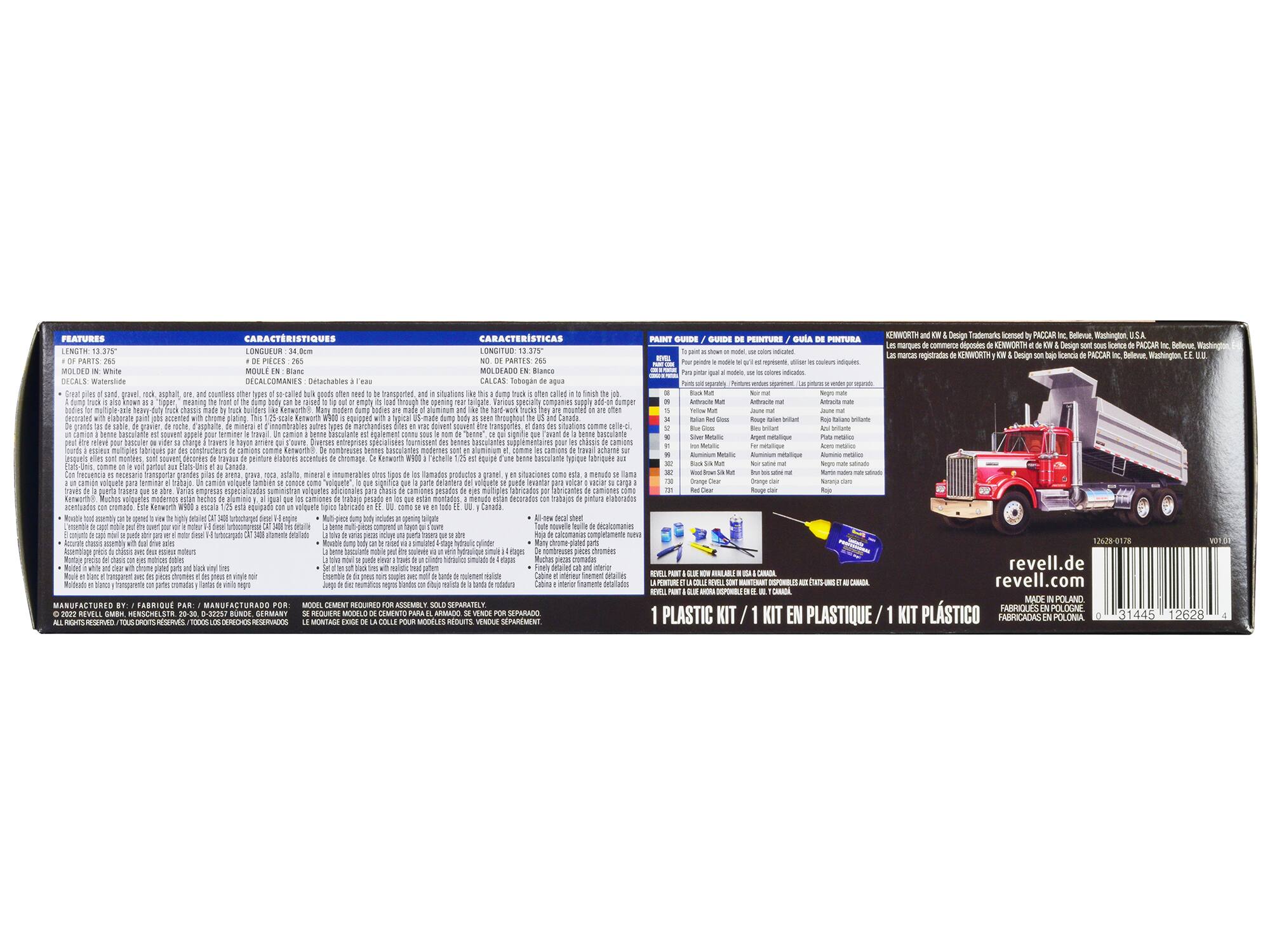 **FEATURES / CARACTERISTIQUES / CARACTERÍSTICAS**

**LENGTH / LONGUEUR / LARGO:** 13.375"  
**NO. OF PARTS / NOMBRE DE PARTIES / NÚMERO DE PARTES:** 265  
**DECALS / DECALS / DECALCOMANIAS:** Waterside  
**CALCAS / TOBAGAE / TABOGAE:** N  
**PAINT GUIDE / GUIDE DE PEINTURE / GUÍA DE PINTURA:** - camiones de pesadas  
**KENWORTH Design / DESIGN KENWORTH:** PACCAR Bellevue Washington  
**ONGUEUR / LONGITUD:** auted marcas mgistratos  
**PARTS / PARTIS / PARTES:** -que  
**MOLDEADO / MOLDEADO / MOLDEADO:** BianEs cats  
**DECALS / DECALS / DECALCOMANIAS:** Waterside Detachables  
**CALEAS / TOBAGAE / TABOGAE:** N  
**graell coumtess tramspories sination CaT trsugh Sarious companes ue smaN nodem made decorated throughour Canada mait