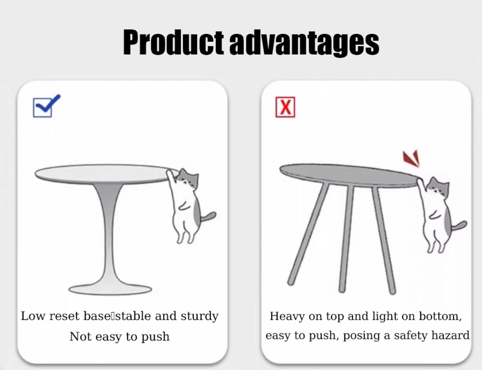 Product advantages

- Low reset base: stable and sturdy, not easy to push
- Heavy on top and light on bottom, easy to push, posing a safety hazard