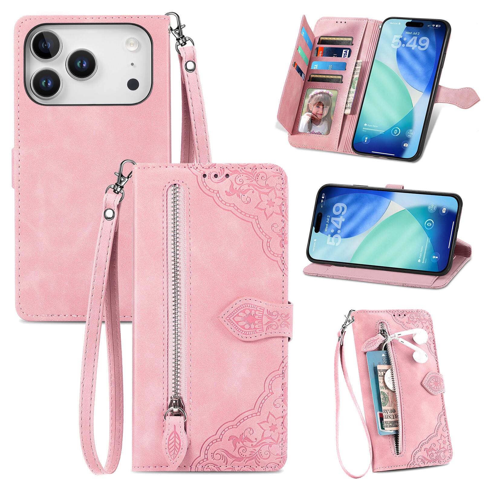 Dteck - for Apple iPhone 17 Pro Wallet Case,Folio Shockproof PU Leather Card Holder Cover with Zipper Pocket & Wrist Strap - Pink