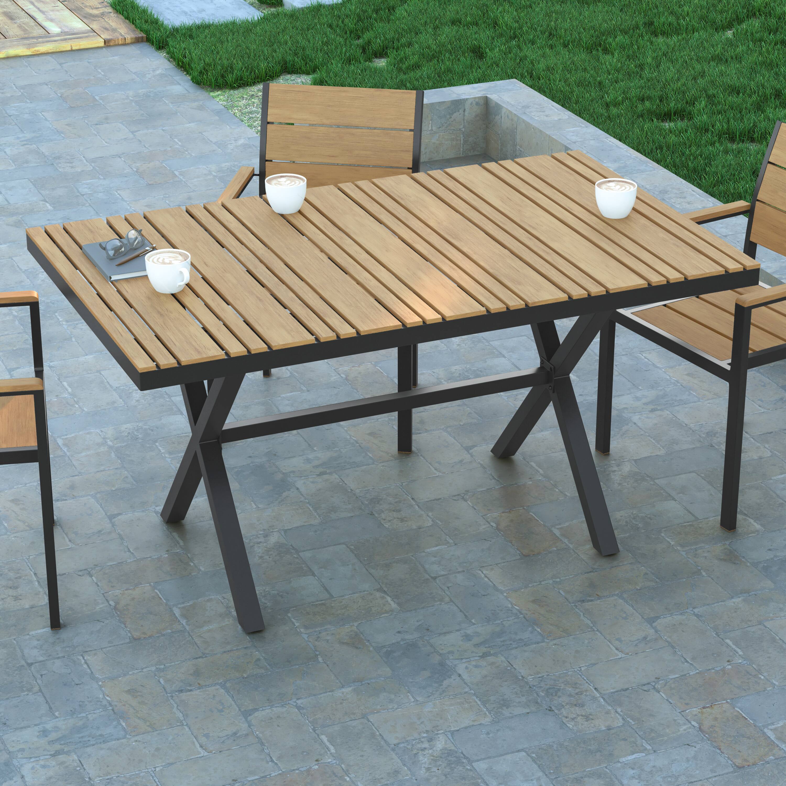 Alt View 3. Emma + Oliver - Fena 59" x 35.5" Outdoor X-Frame Dining Table with Faux Teak Poly Slat Top and Metal Frame - Natural Top/Gray Frame.