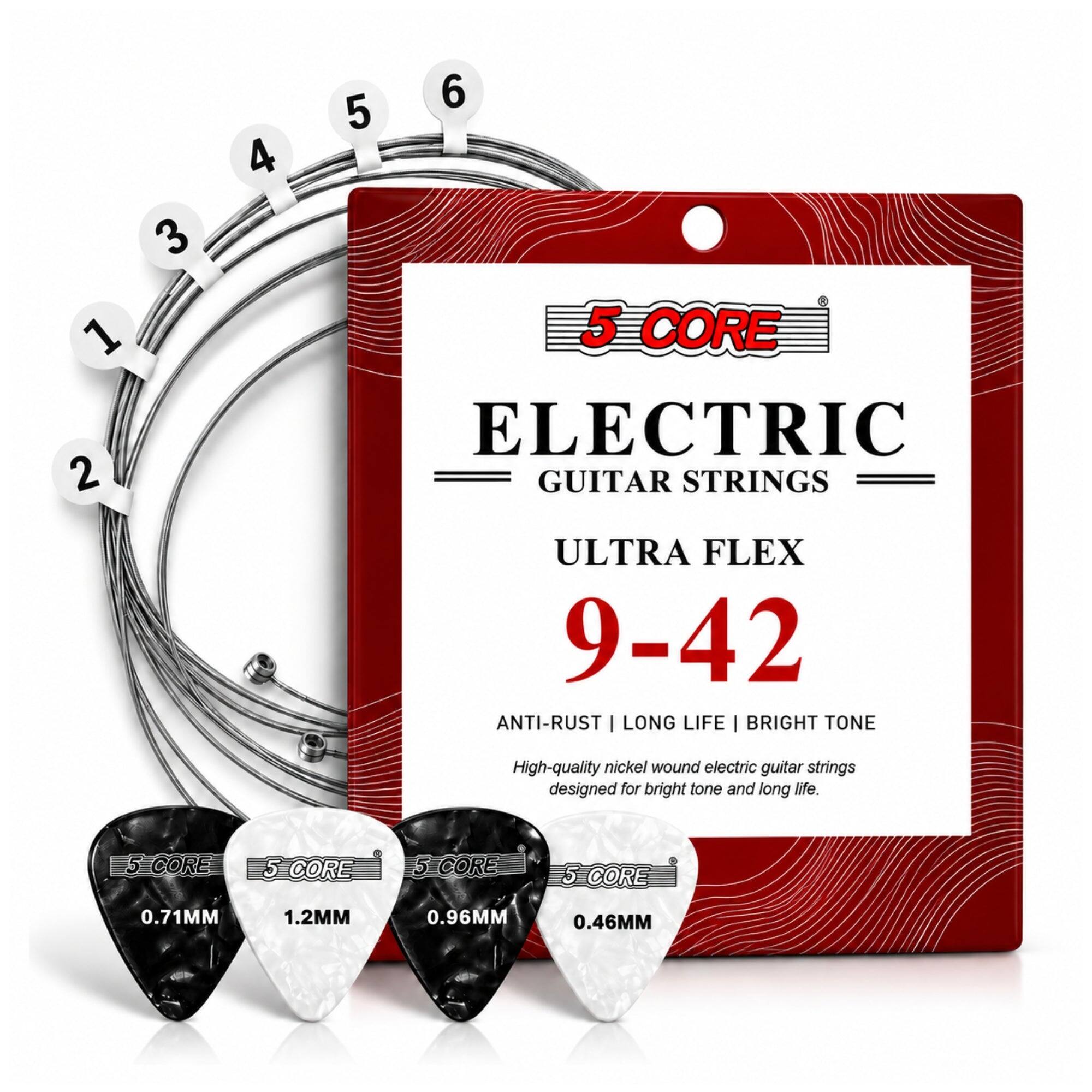 3 1 2  
4  
6  
5 CORE ELECTRIC GUITAR STRINGS  
ULTRA FLEX 9-42 ANTI-RUST | LONG LIFE | BRIGHT TONE  
High-quality nickel wound electric guitar strings designed for bright tone and long life.  
5-CORE  
0.71MM  
1.2MM  
0.96MM  
0.46MM