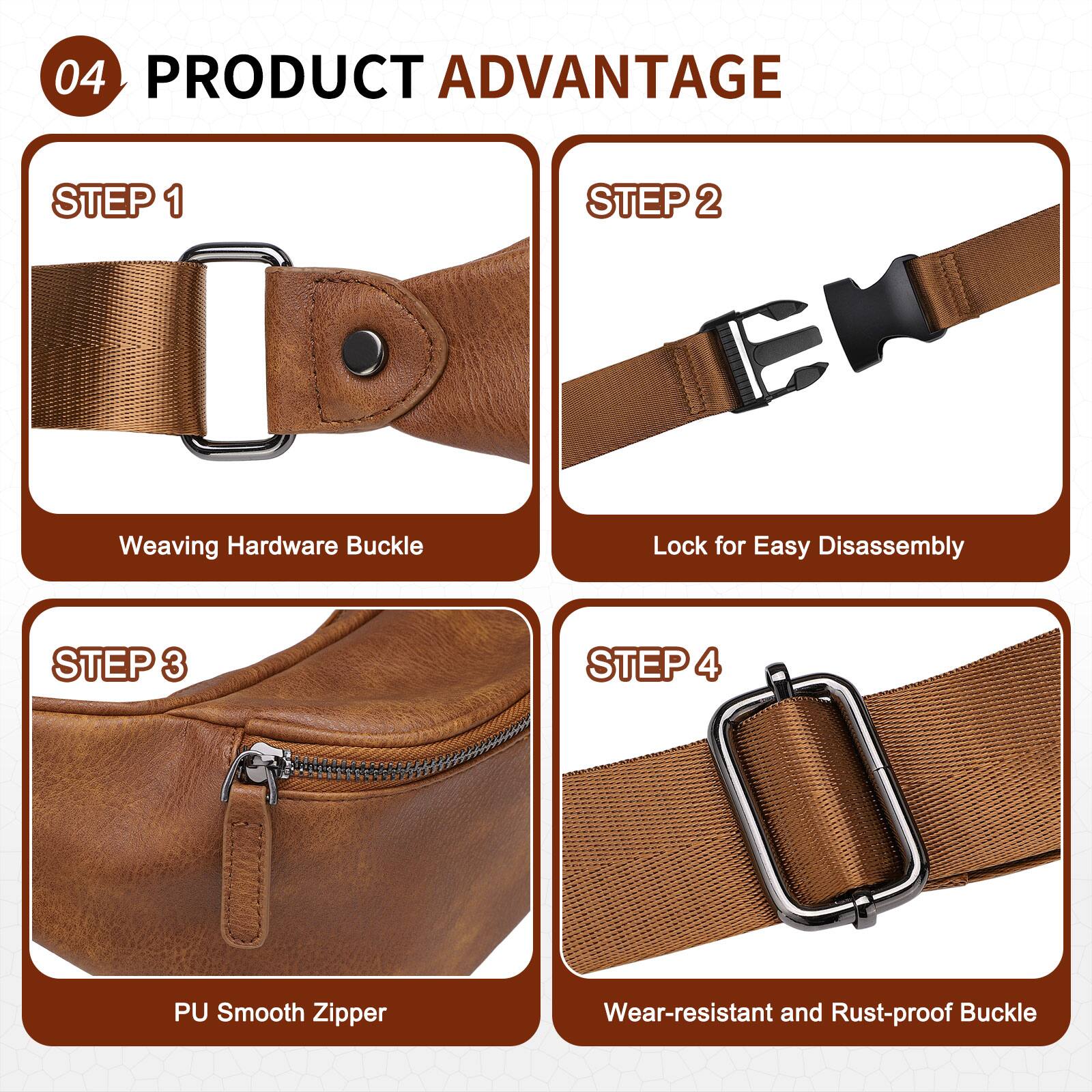 04 PRODUCT ADVANTAGE

STEP 1  
Weaving Hardware Buckle

STEP 2  
Lock for Easy Disassembly

STEP 3  
PU Smooth Zipper

STEP 4  
Wear-resistant and Rust-proof Buckle
