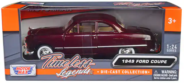 Sure, here is the corrected and grouped text from the image:
---
**Timeless Legends™**
**MOTOR MAX**
**1:24 SERIES**
**1949 FORD COUPE**
**DIE-CAST COLLECTION**
**WARNING: CHOKING HAZARD - Small parts. Not for children under 3 years.**
**3+**
---
