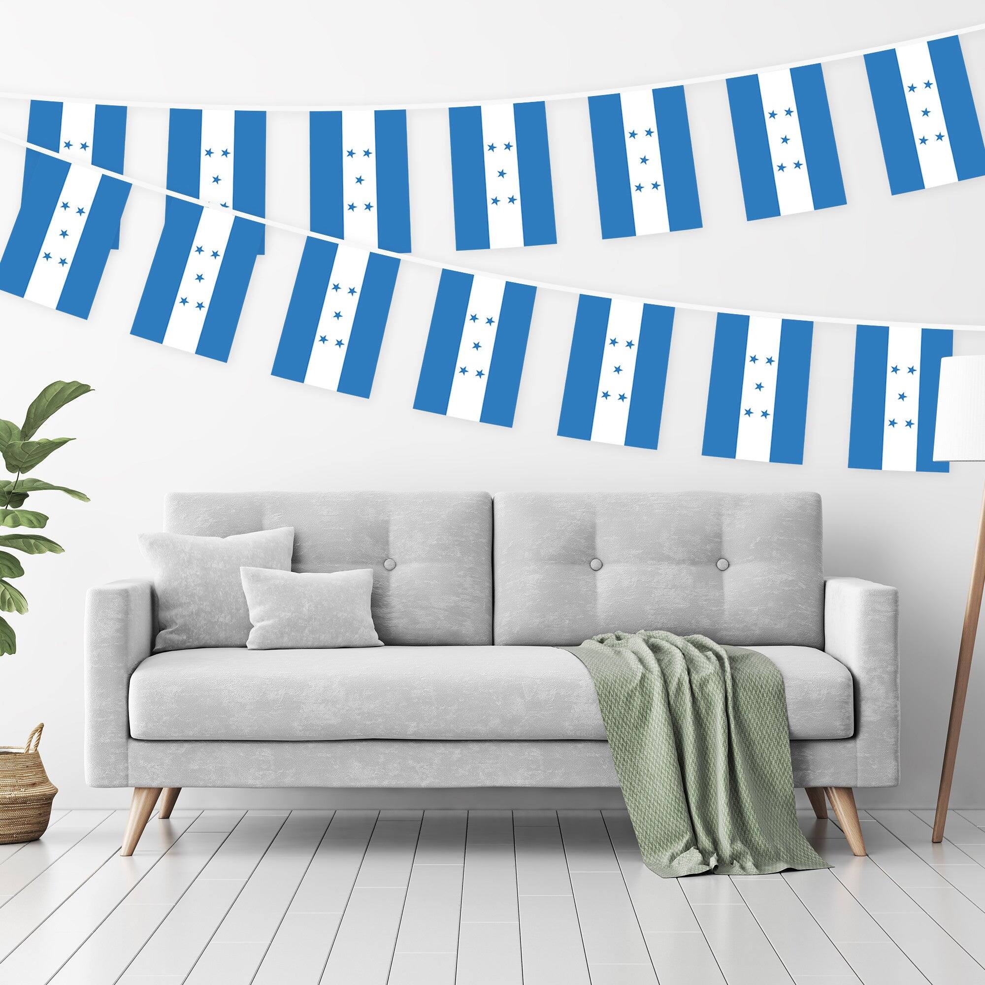 Angle. G128 - Honduras Bunting Banner, 33 ft String with 38 Mini Flags (8.2 x 5.5 in). - Assorted Colors.