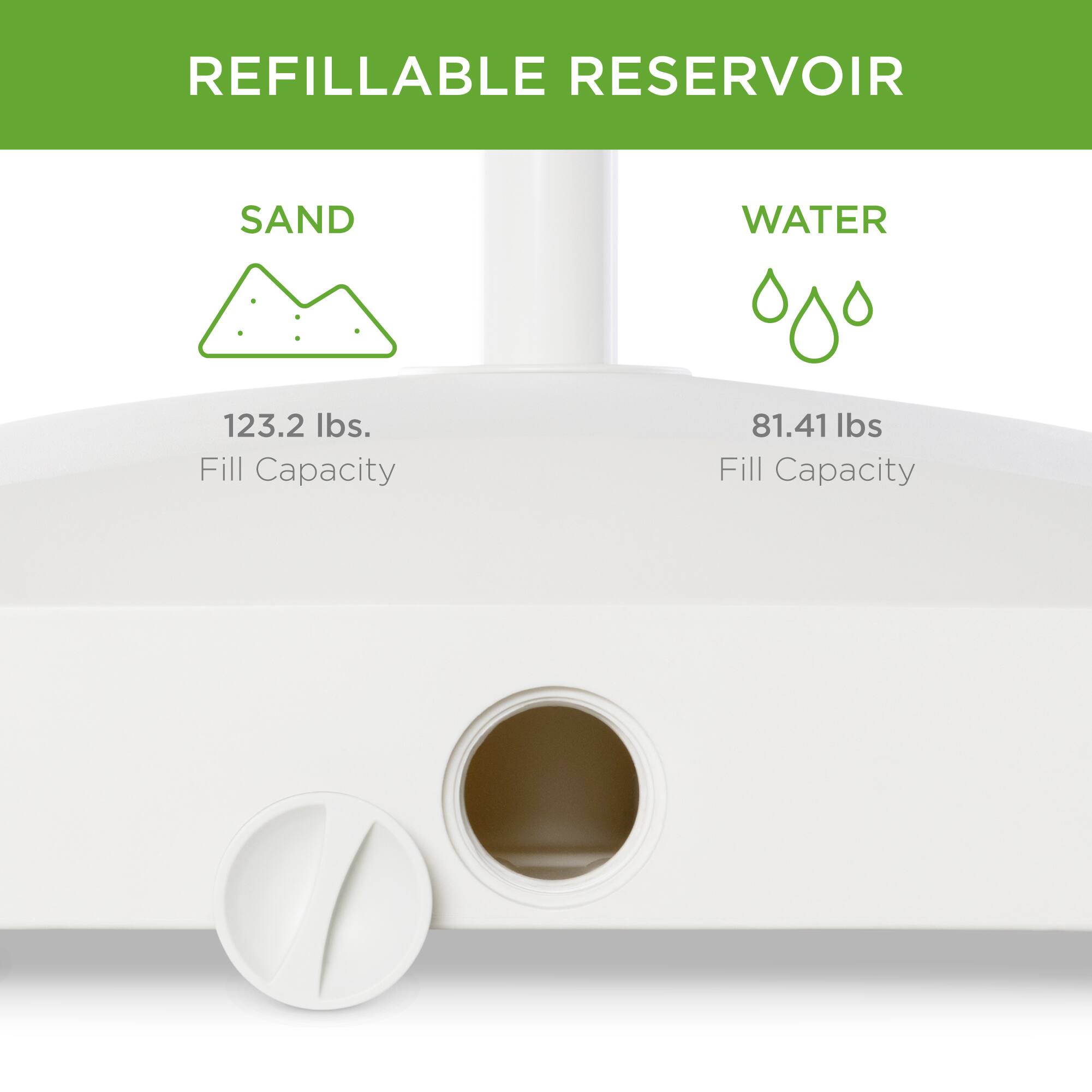 REFILLABLE RESERVOIR

SAND  
123.2 lbs.  
Fill Capacity

WATER  
81.41 lbs  
Fill Capacity